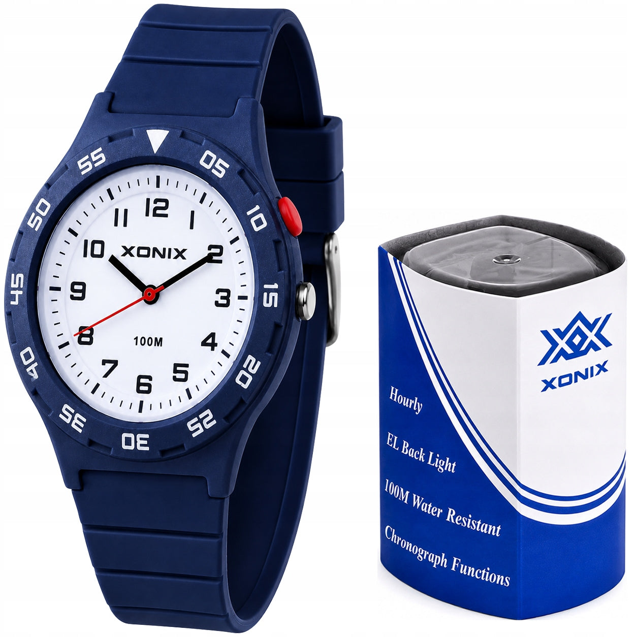 Watch XONIX navy blue 10 ATM LED backlight Japanese movement Y121E