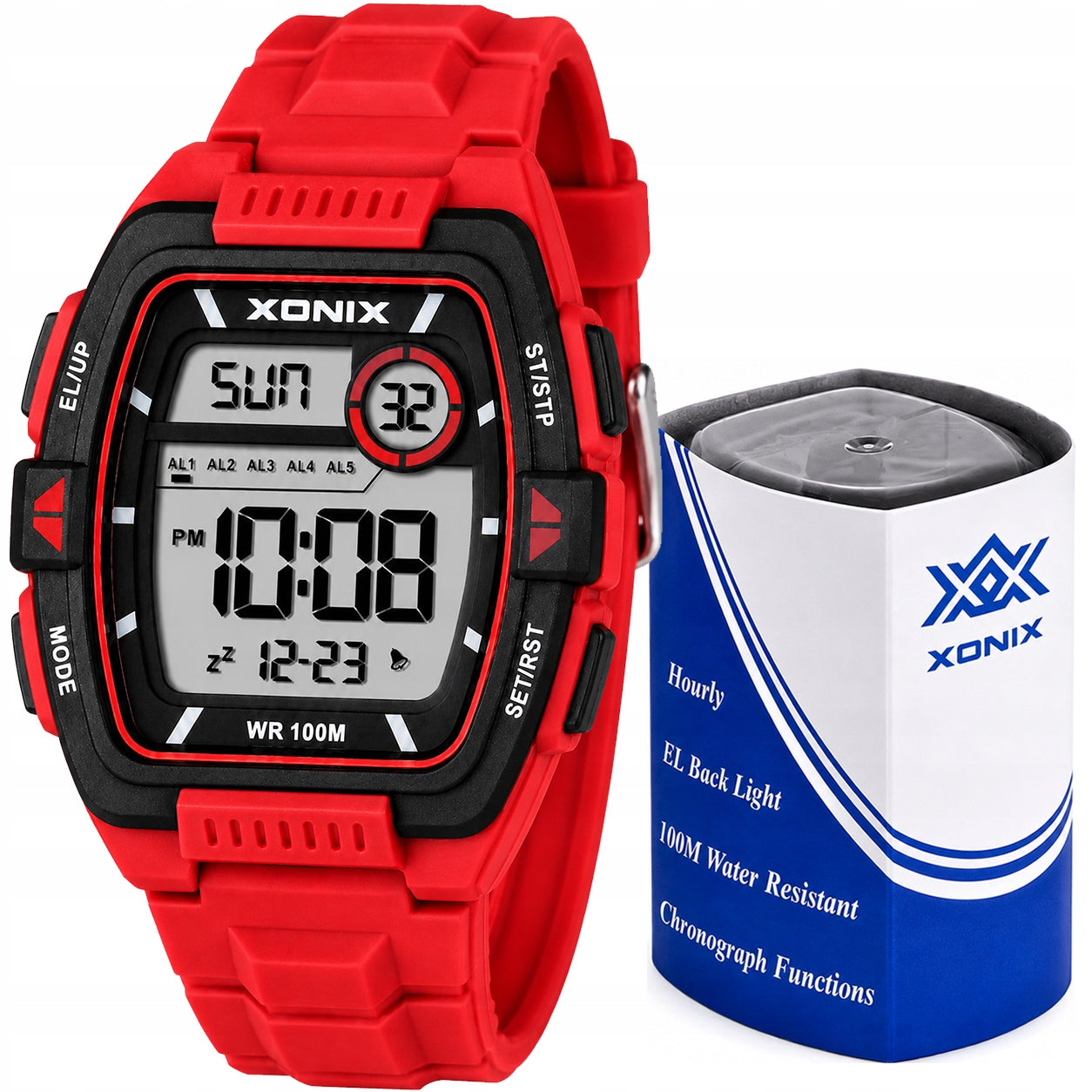Watch Xonix digital sports 10 ATM stopwatch alarm timer red LCD large