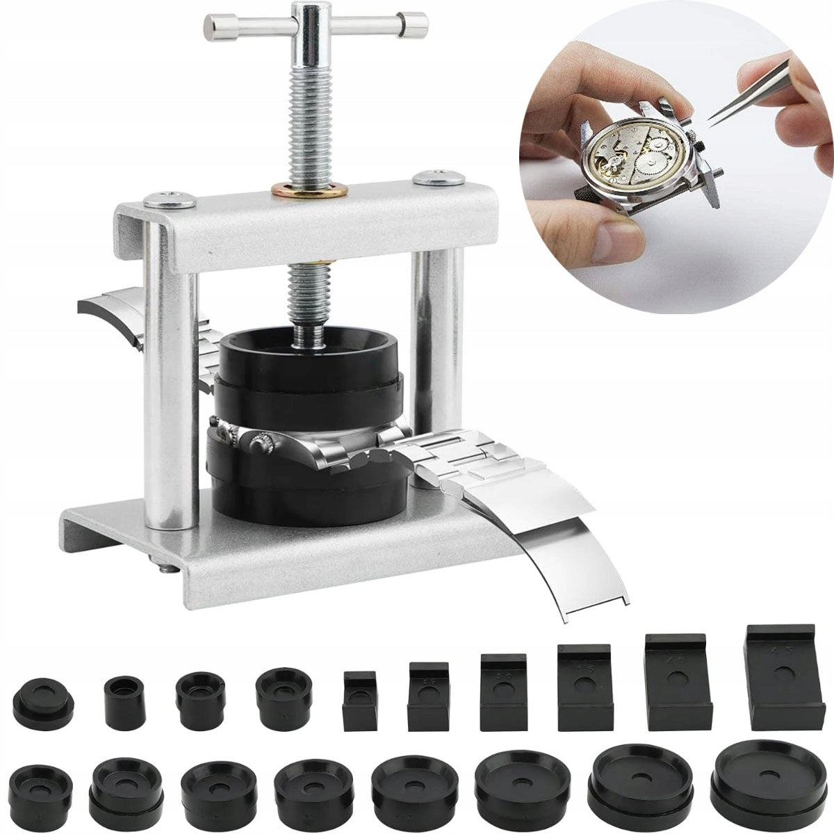 Watchmaking press for watches in 18 different molds pressure plates