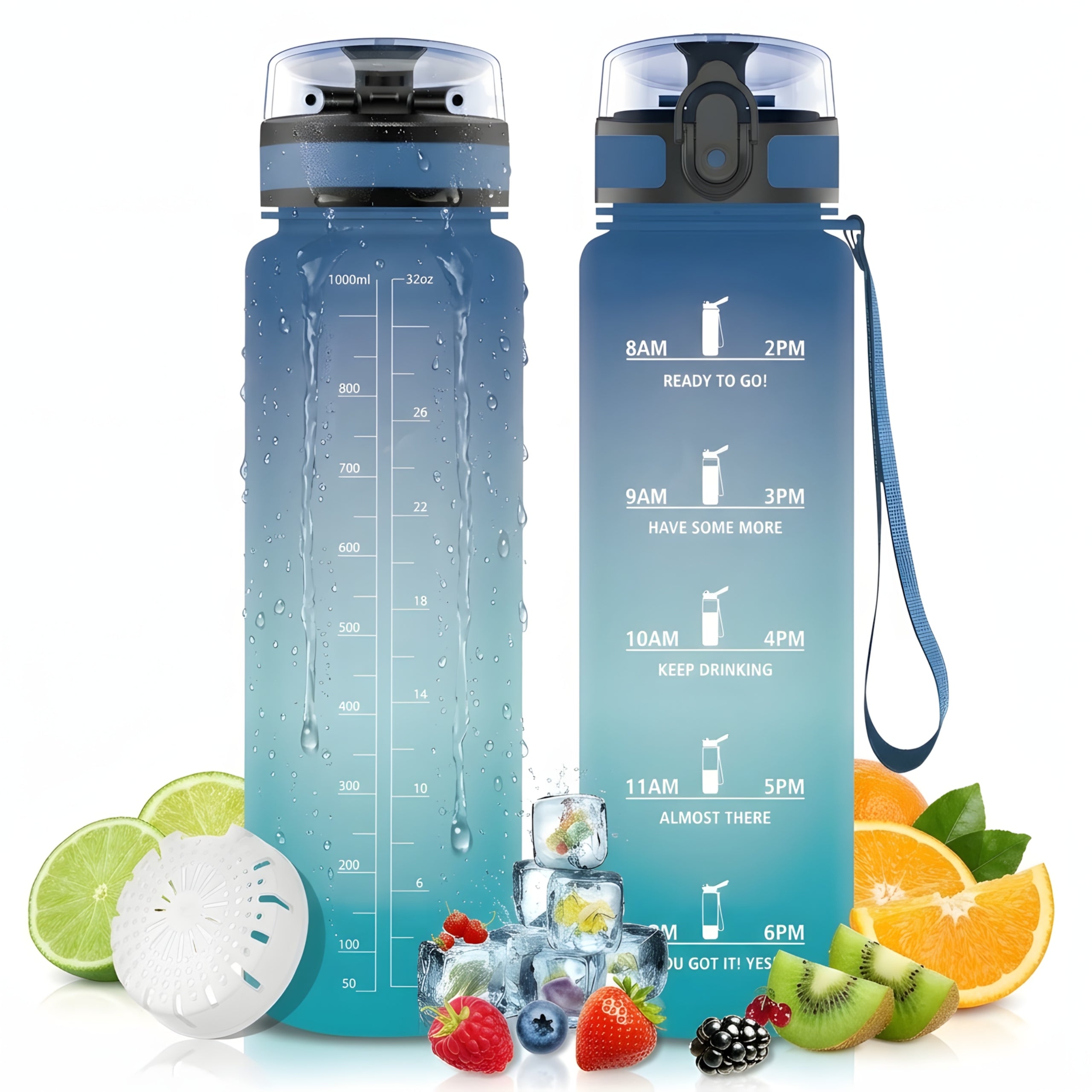 Water Bottle 1L Tritan with Measure Motivational Leakproof BPA Free