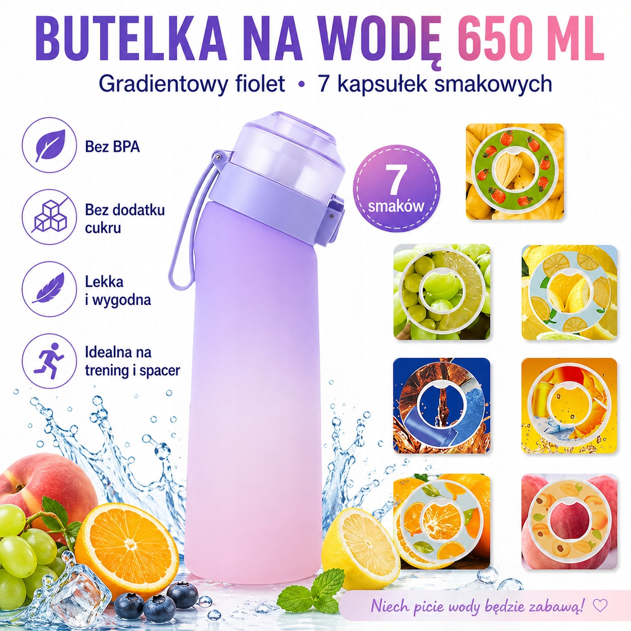 Water Bottle 650ml Purple Gradient 7 Refills