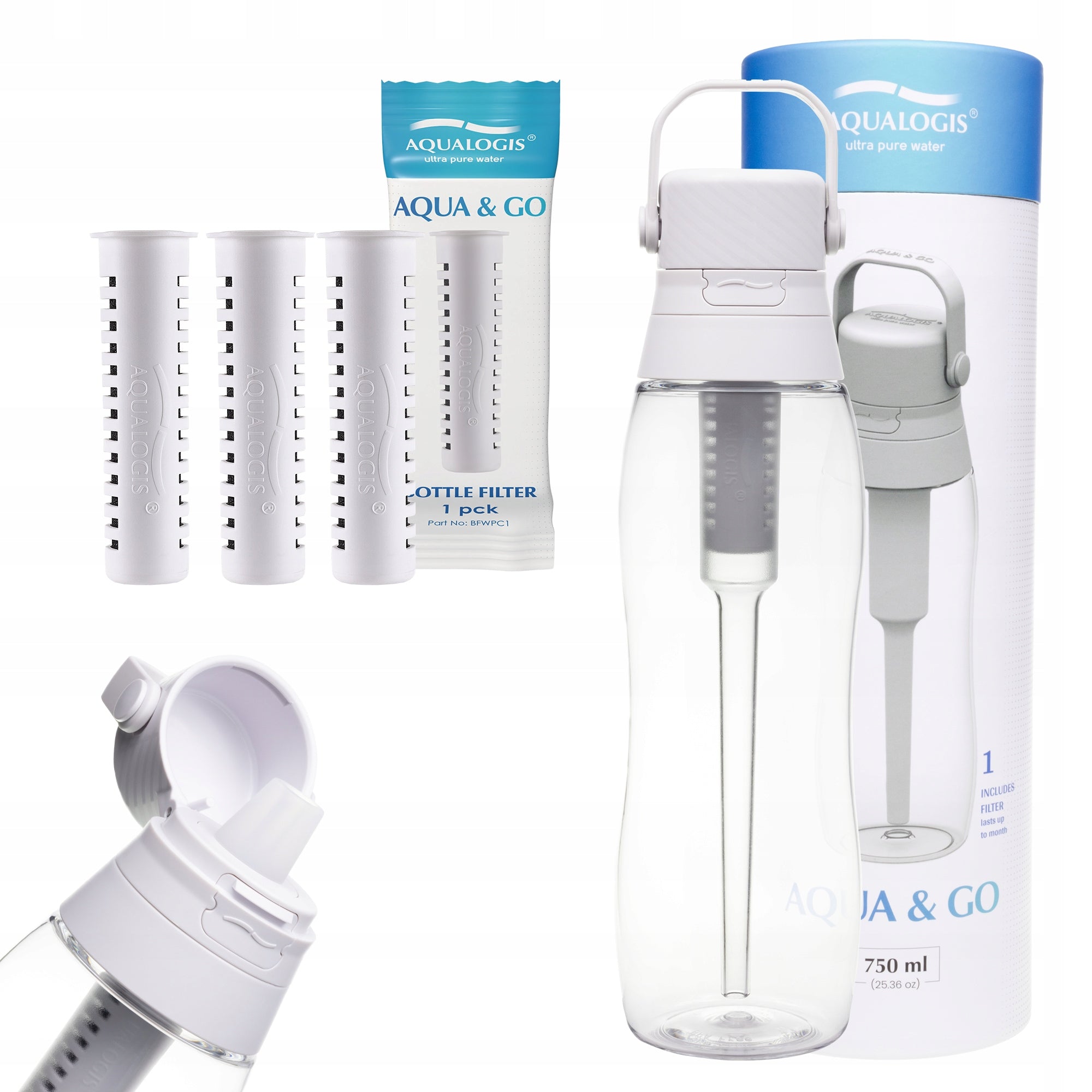 Water Bottle Aqualogis Aqua&Go 750ml White with 3 filters