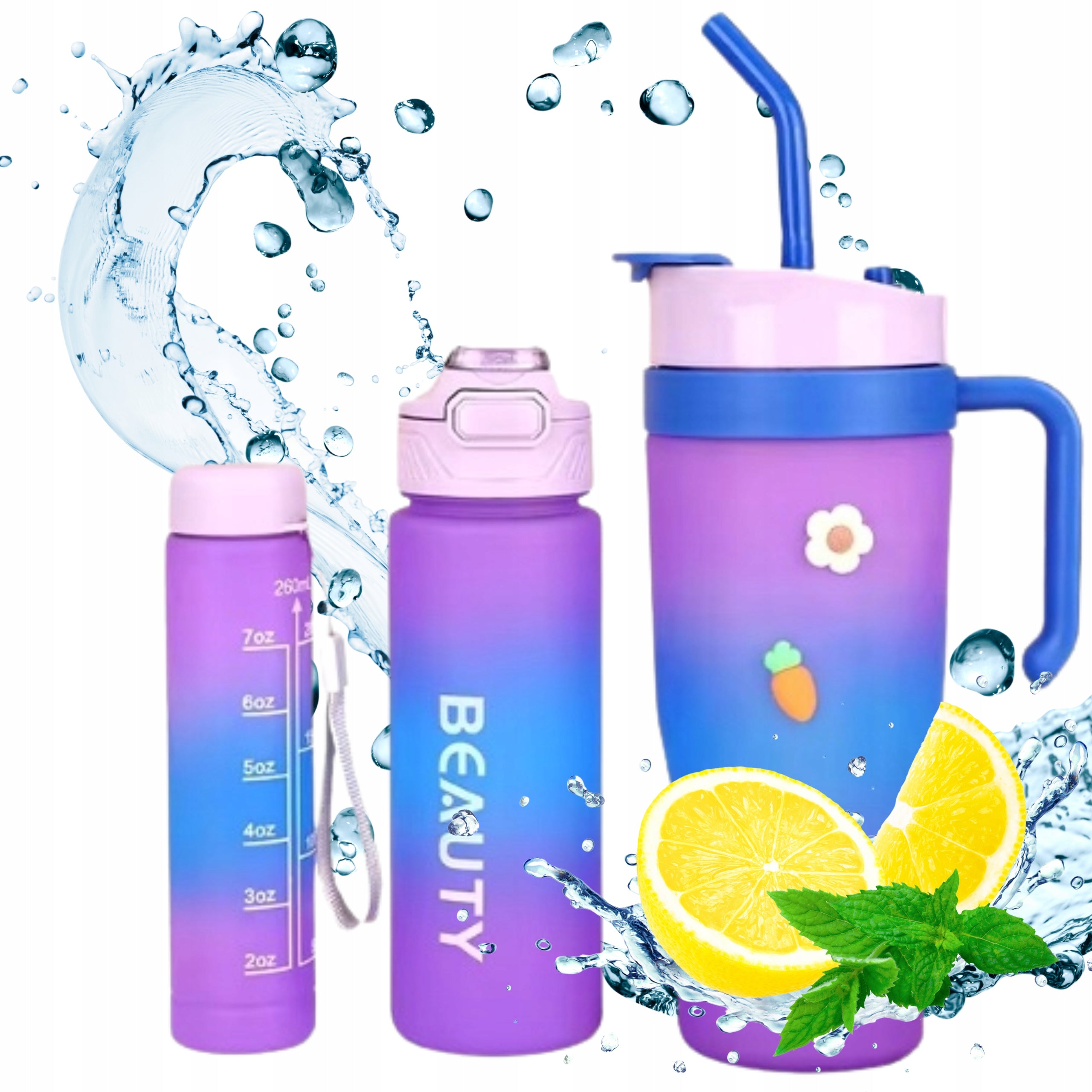 Water Bottle with Measure Cup with Straw for School Office Set of 3pcs