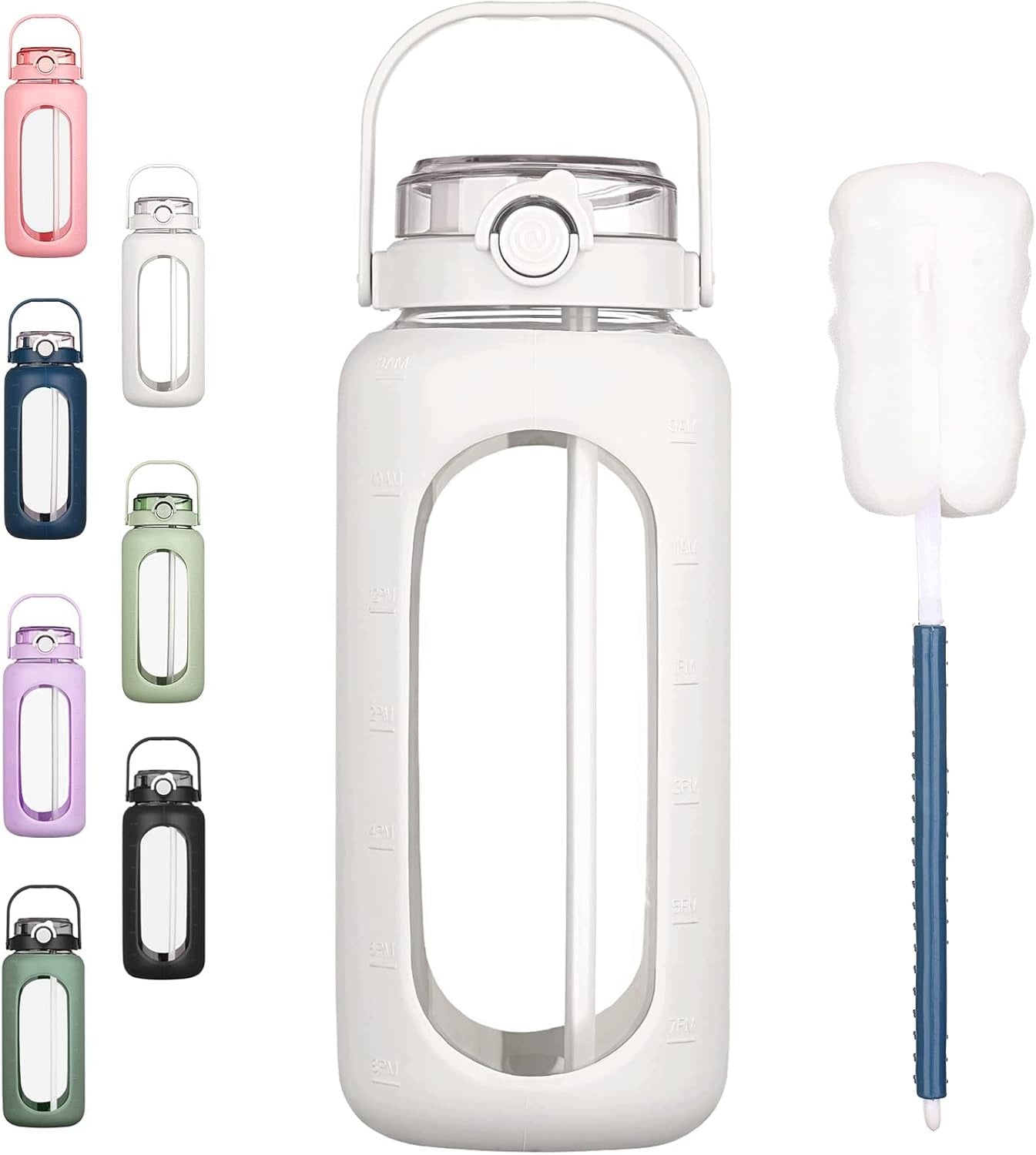Water Bottle with Straw and Timestamp Glass Durable 960ml White