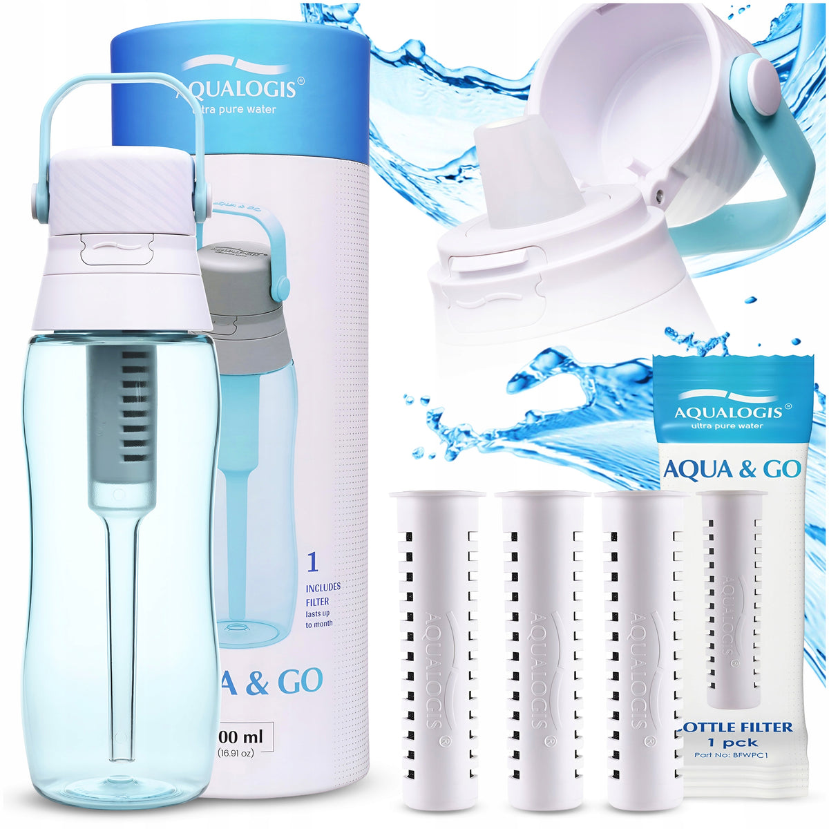 Water Filter Bottle Aqualogis Aqua&Go 0,5 l blue + 3 refills