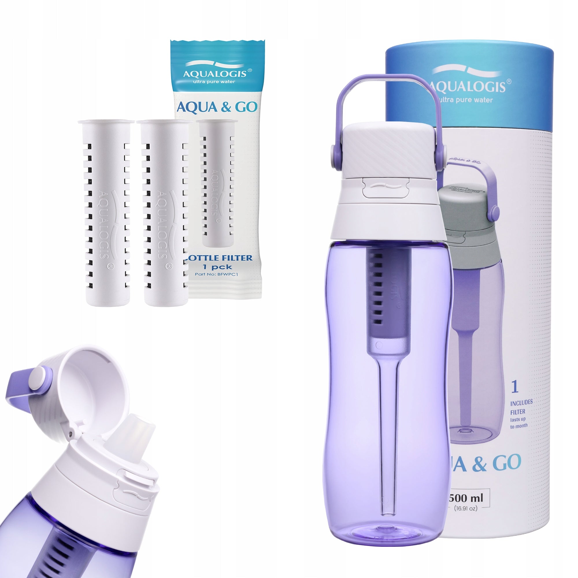 Water Filter Bottle Aqualogis Aqua&Go 0,5 l purple + 2 refills
