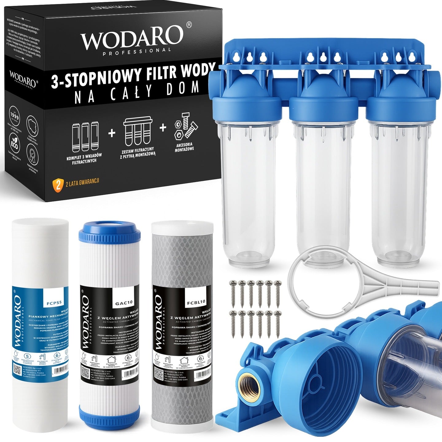 Water Filter In-line 3/4'' FLOW TRIPLE + Cartridges SET FOR HOME