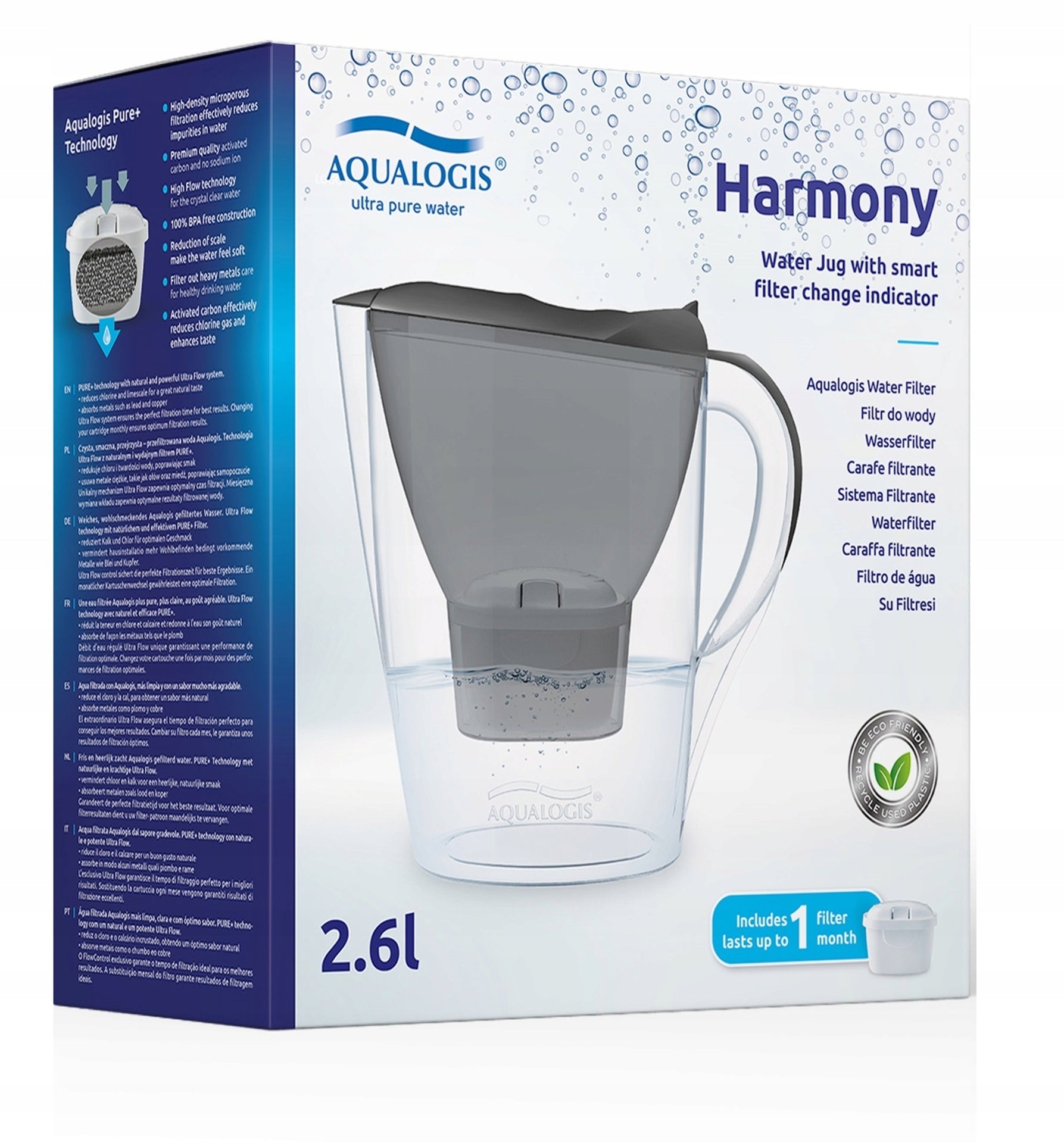 Water Filter Jug Aqualogis 2.6L + Pure+ Replacement Cartridge Manufacturer code Harmony2.6 Graphite