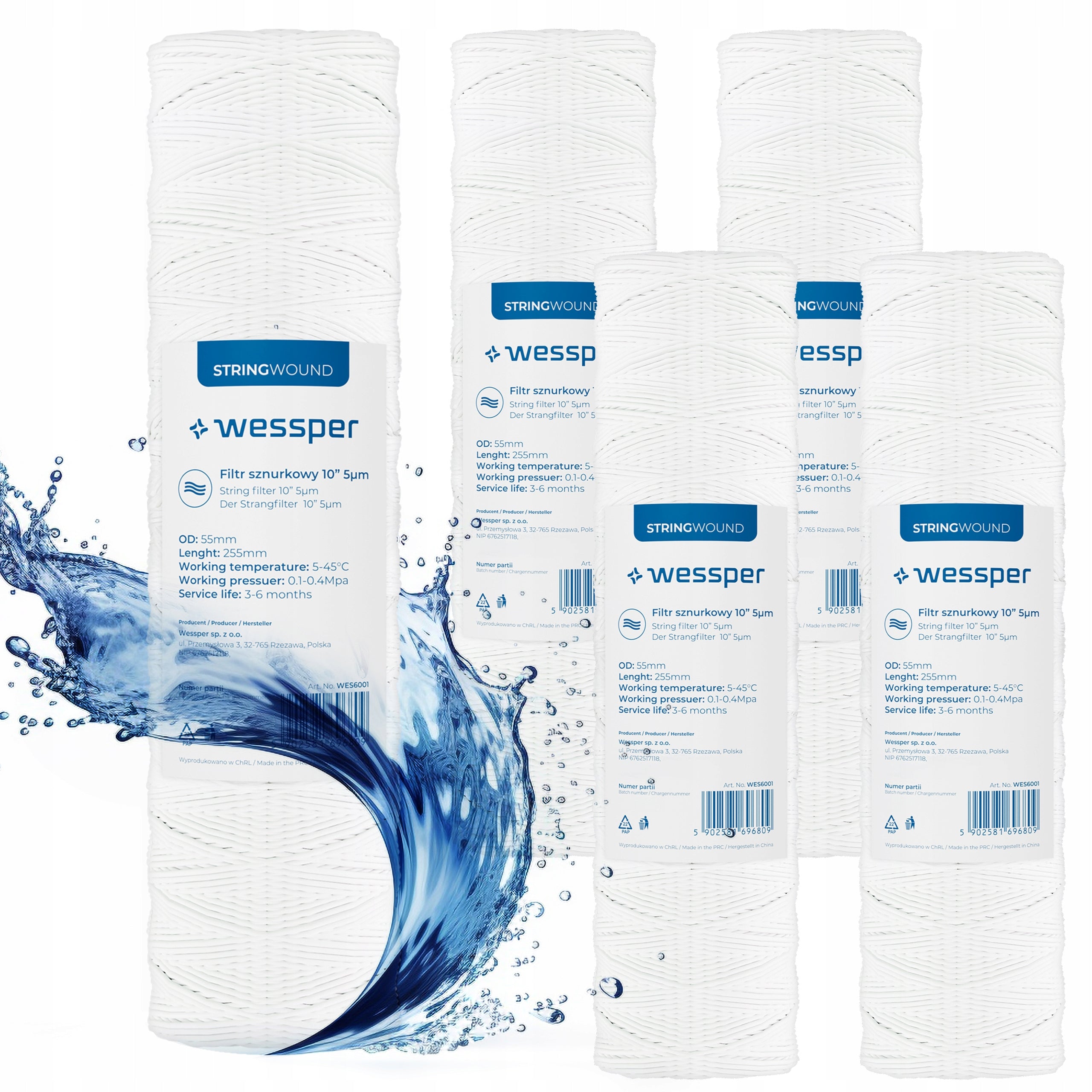 Water Filter Pre-String Cartridge 10" Filtration 5 Micron PP5 5 Pieces