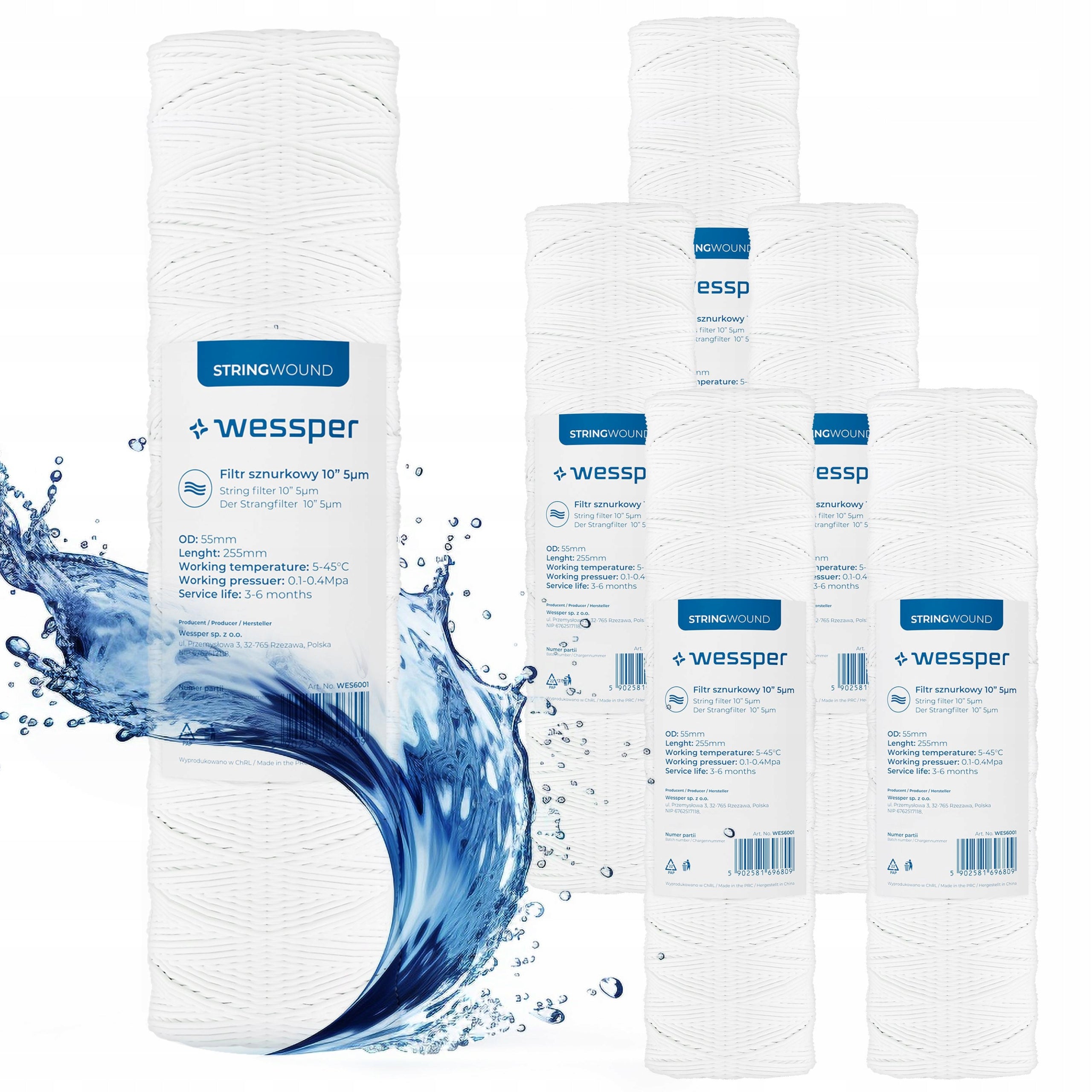 Water Filter Pre-String Cartridge for Pre-Filter 10" 5 Micron 6x