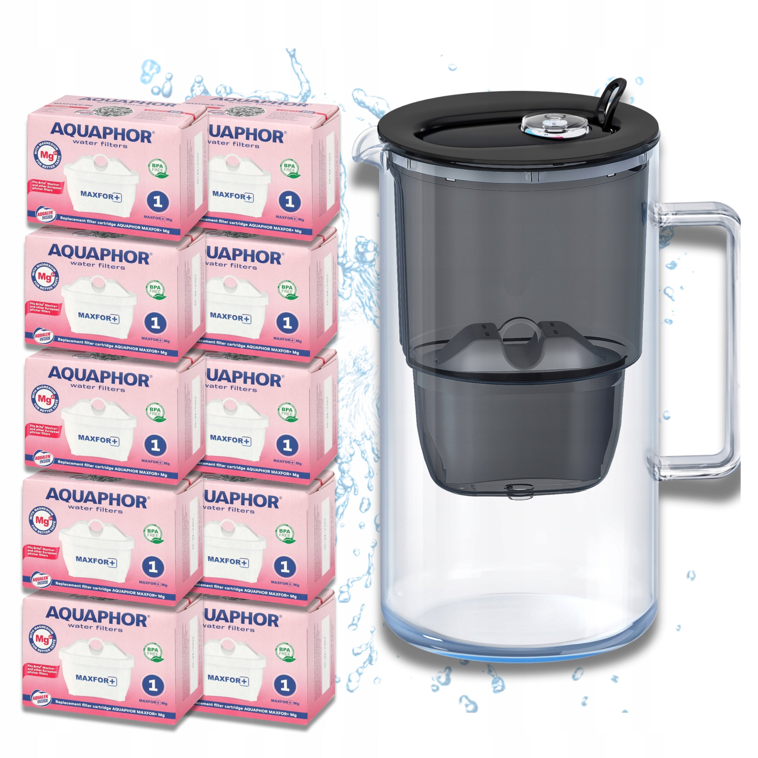 Water Filtering Glass Jug Aquaphor Glass black +10 filters Maxfor+Mg