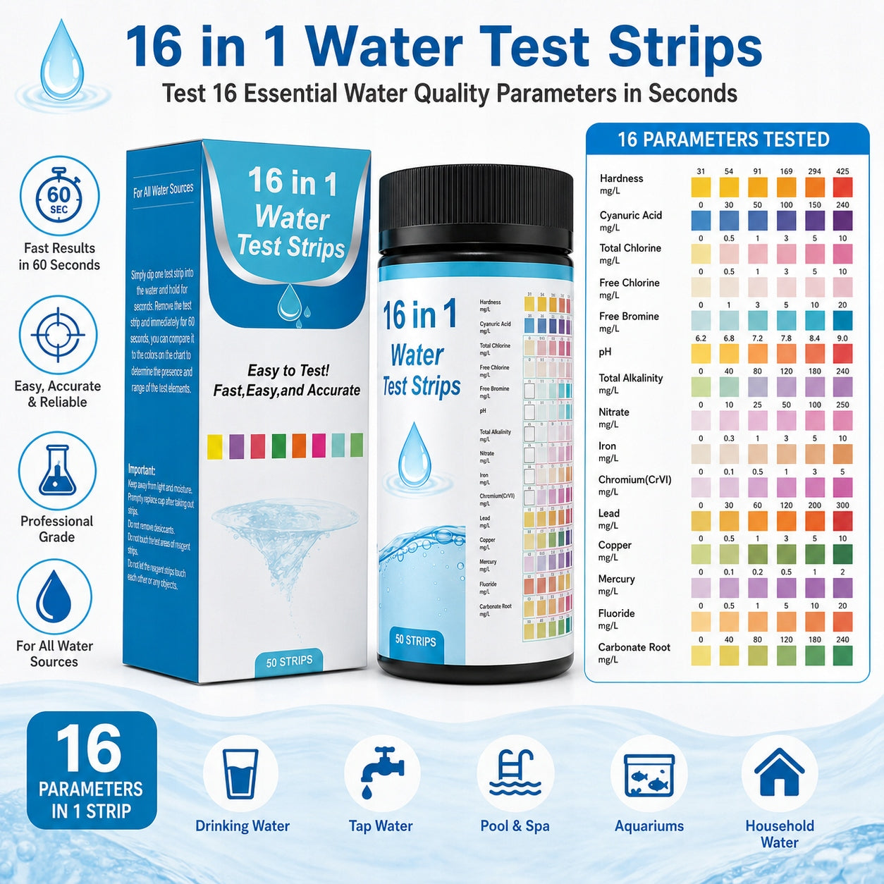 Water Test Strips 16in1 pH Chlorine Swimming Pool Aquarium 50 Pcs Manufacturer code 6978991477191