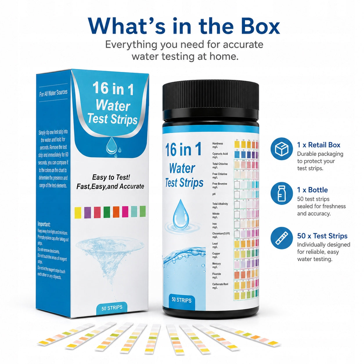 Water Test Strips 16in1 pH Chlorine Swimming Pool Aquarium 50 Pcs Packaging status original