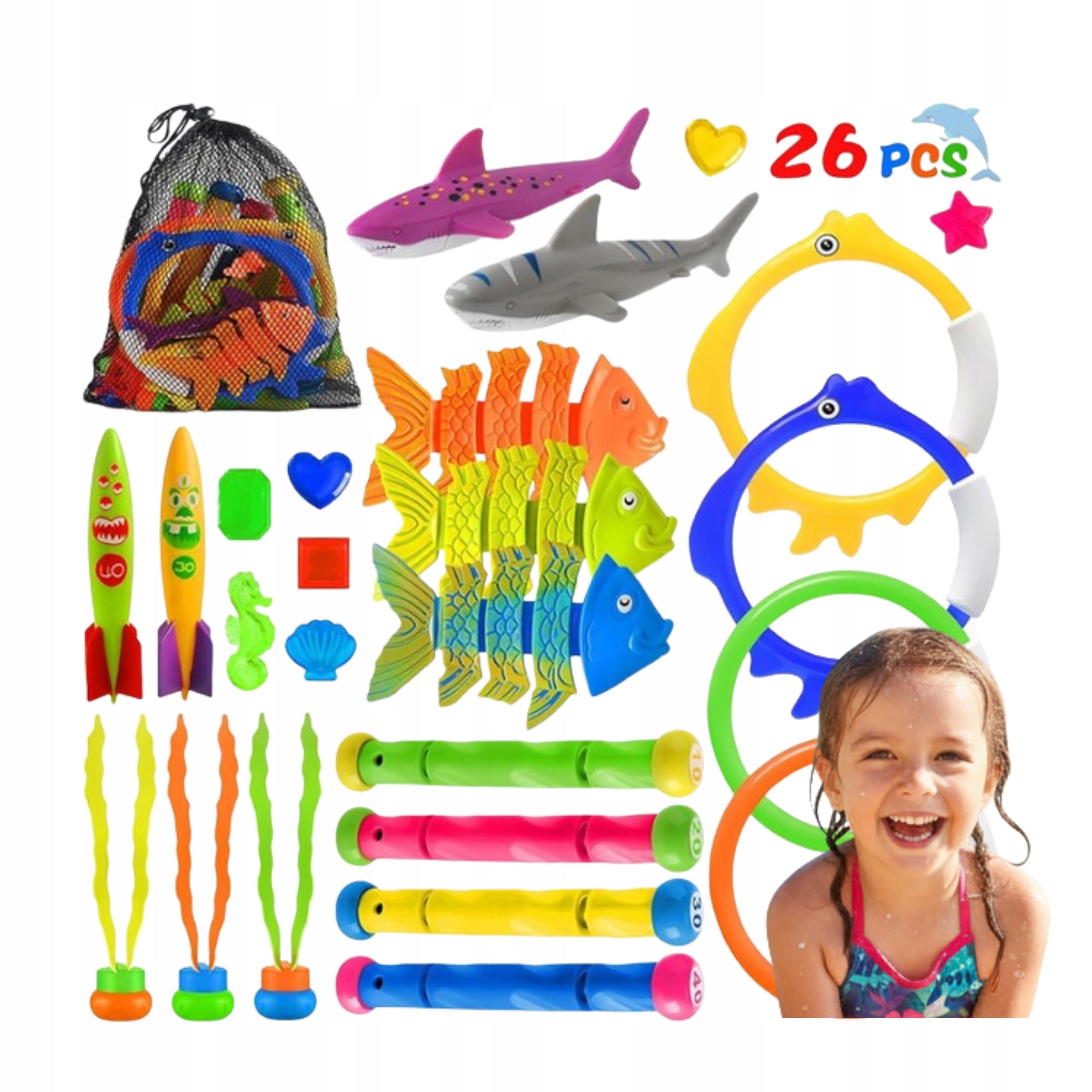 Water Toys Swimming Pool Bathtub Set of 26 Pcs Diving Colorful + Bag Packaging status original