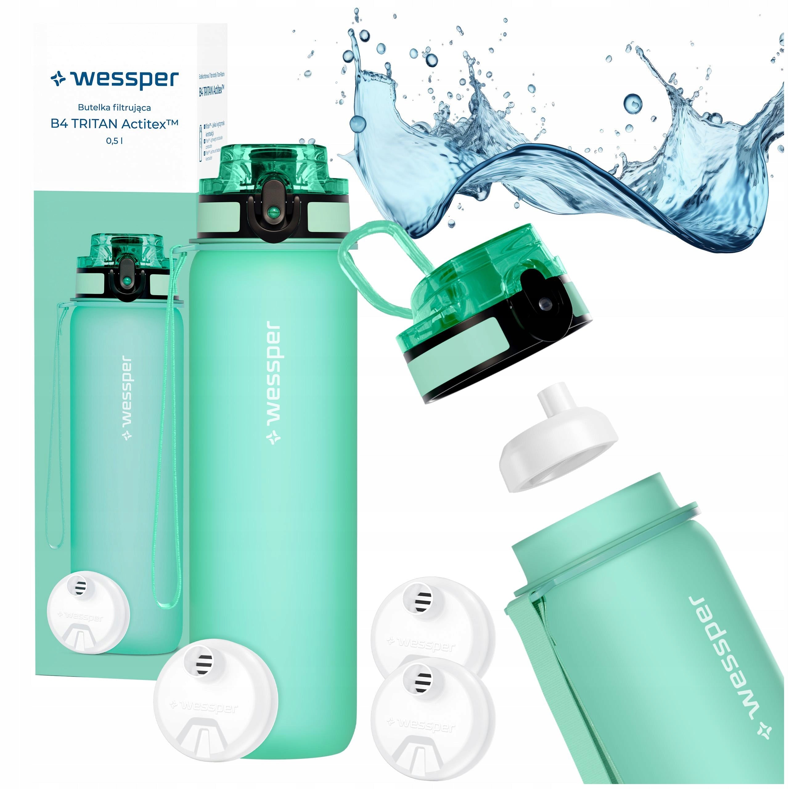 Water bottle filter bottle tritan 0,5L Wessper B4 + 3x filters