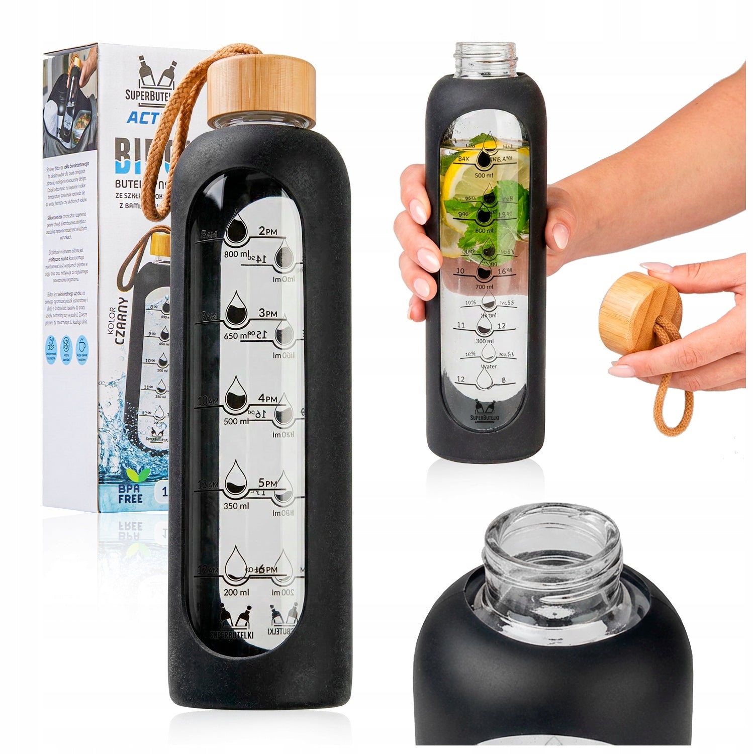 Water bottle glass motivational bottle 1 L silicone case + FREEBIE