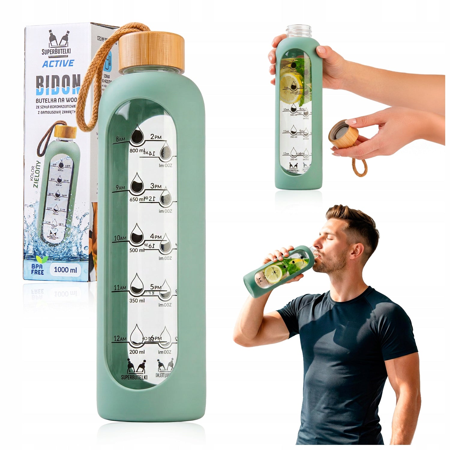 Water bottle glass water bottle in silicone case 1L + FREEBIE