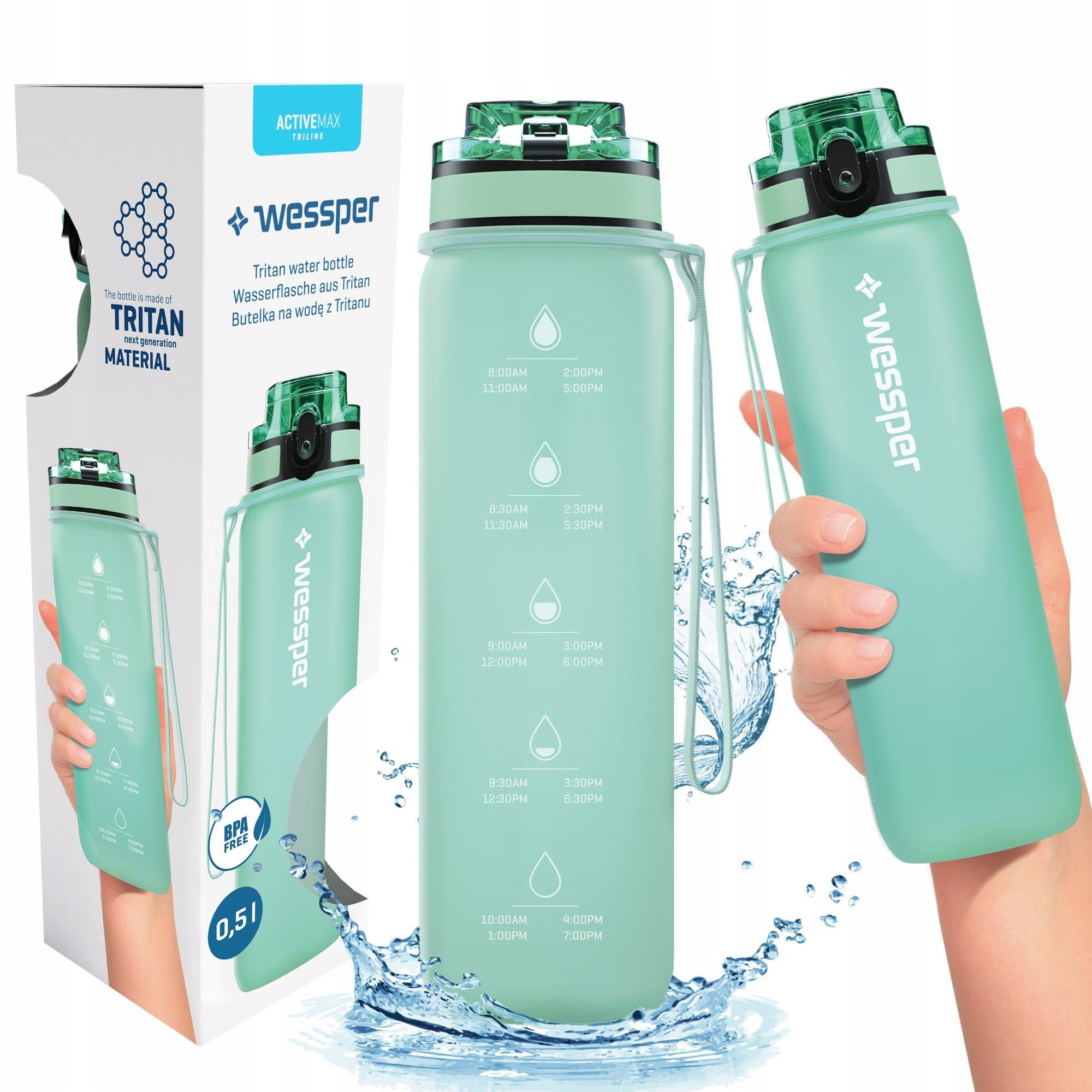 Water bottle motivational sports water bottle tritan with measuring cup 0,5l Wessper