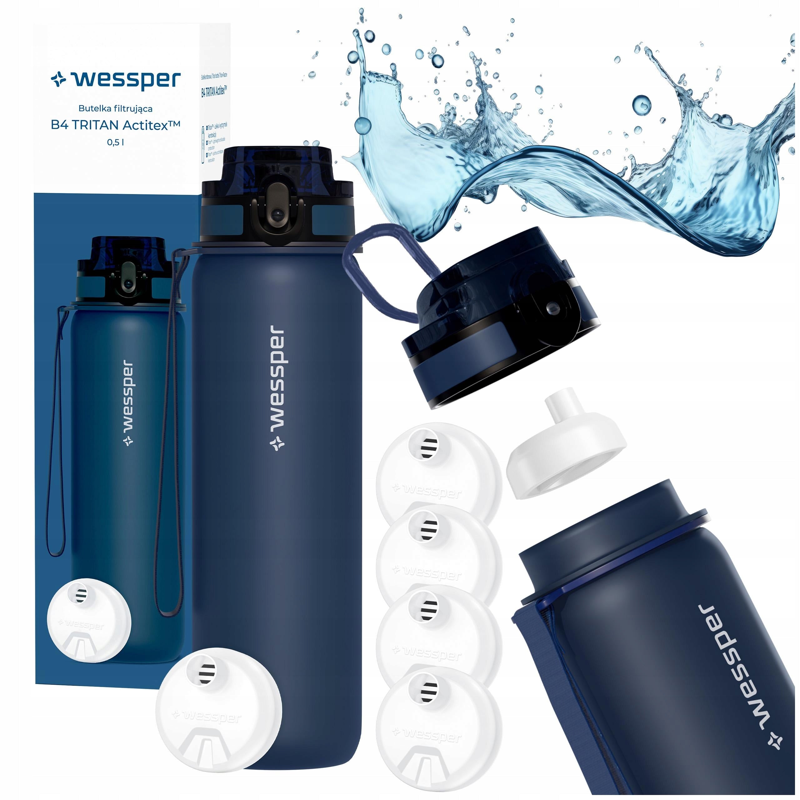 Water bottle tritan water bottle filter bottle Wessper B4 0,5L + 5x filter