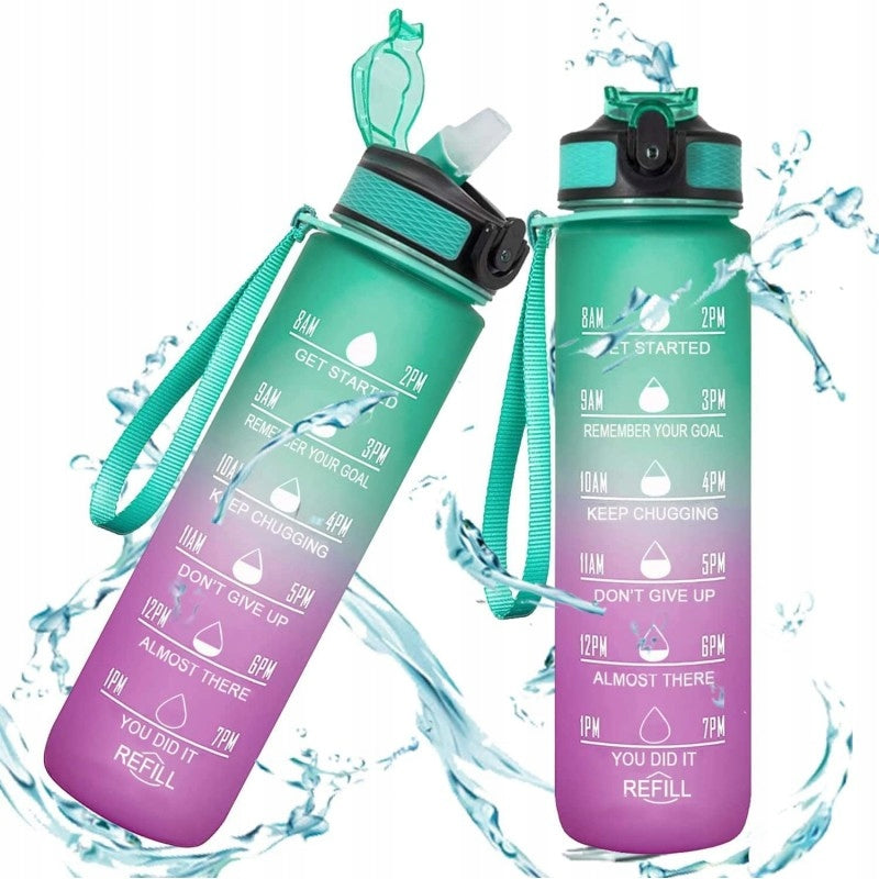 Water bottle with measuring cup and straw 1L OMBRE Green with Rose Brand no brand