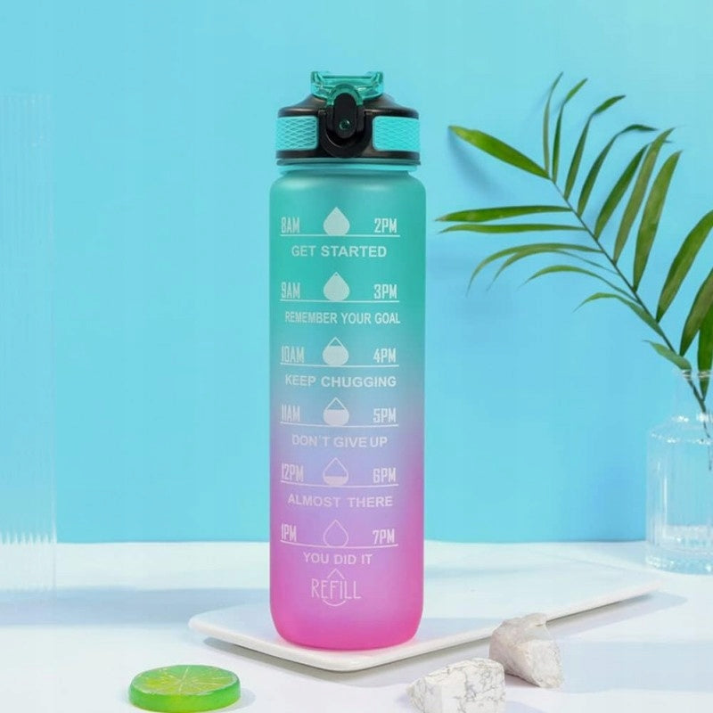 Water bottle with measuring cup and straw 1L OMBRE Green with Rose Color blue