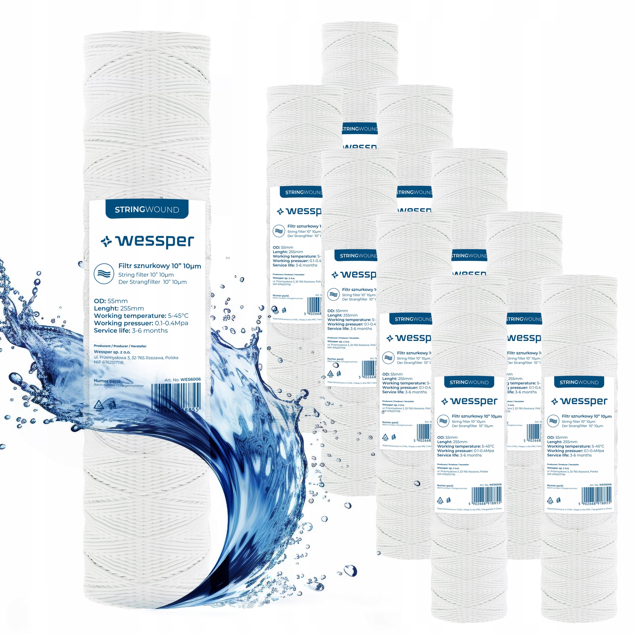 Water filter 10" string 10 micron PP10 for filtration Wessper 10 pieces