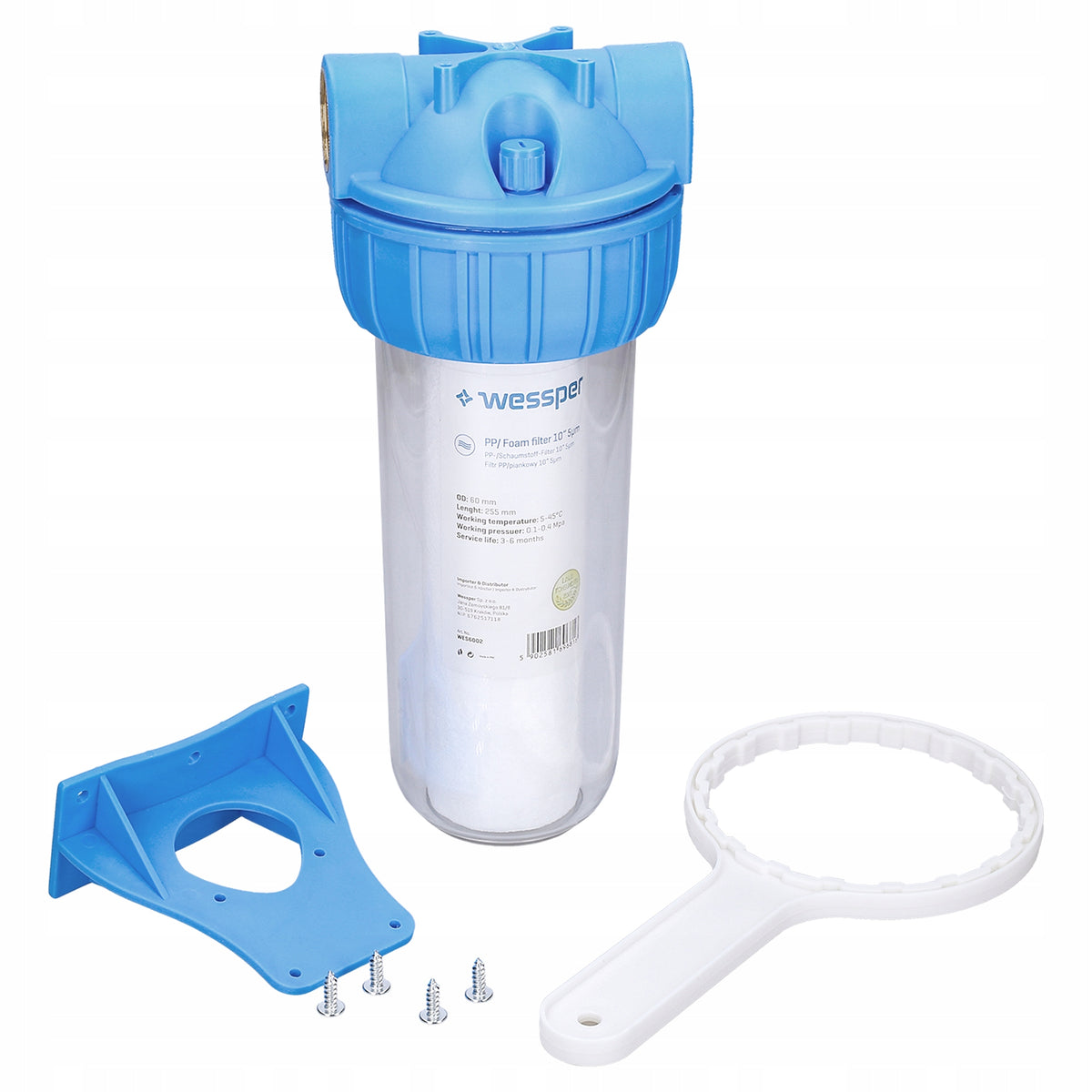 Water filter 3/4" in-line body + wrench + handle + 10" foam cartridge Manufacturer code WES6013