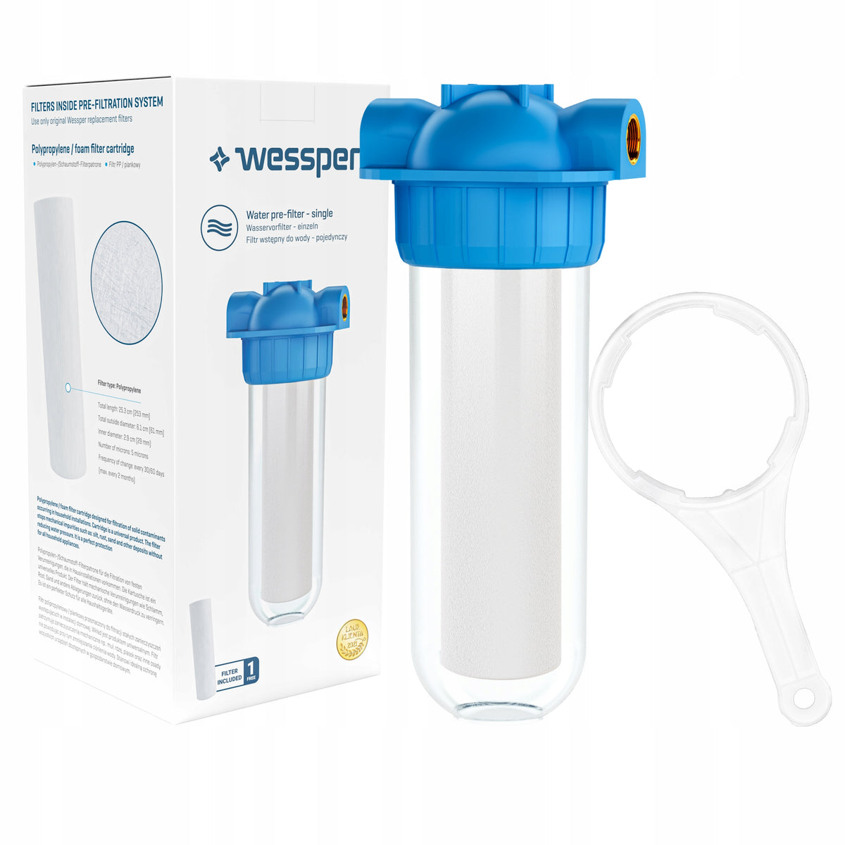 Water filter 3/4" in-line body + wrench + handle + 10" foam cartridge