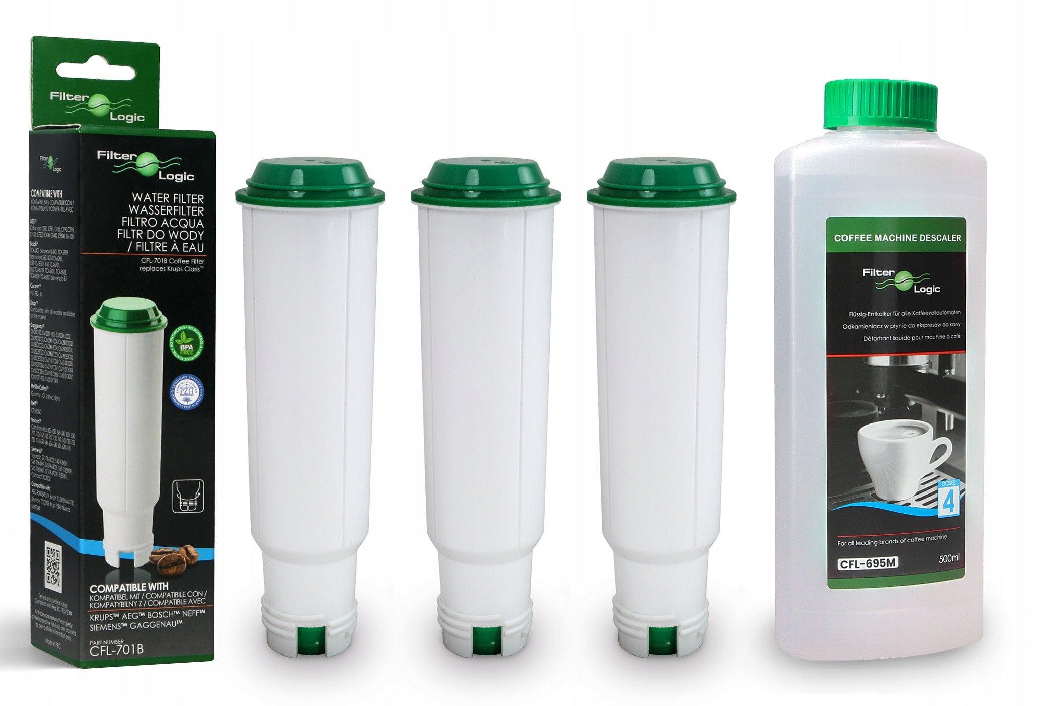 Water filter FilterLogic CFL-701B for Krups machine 3pcs +descaler 500ml