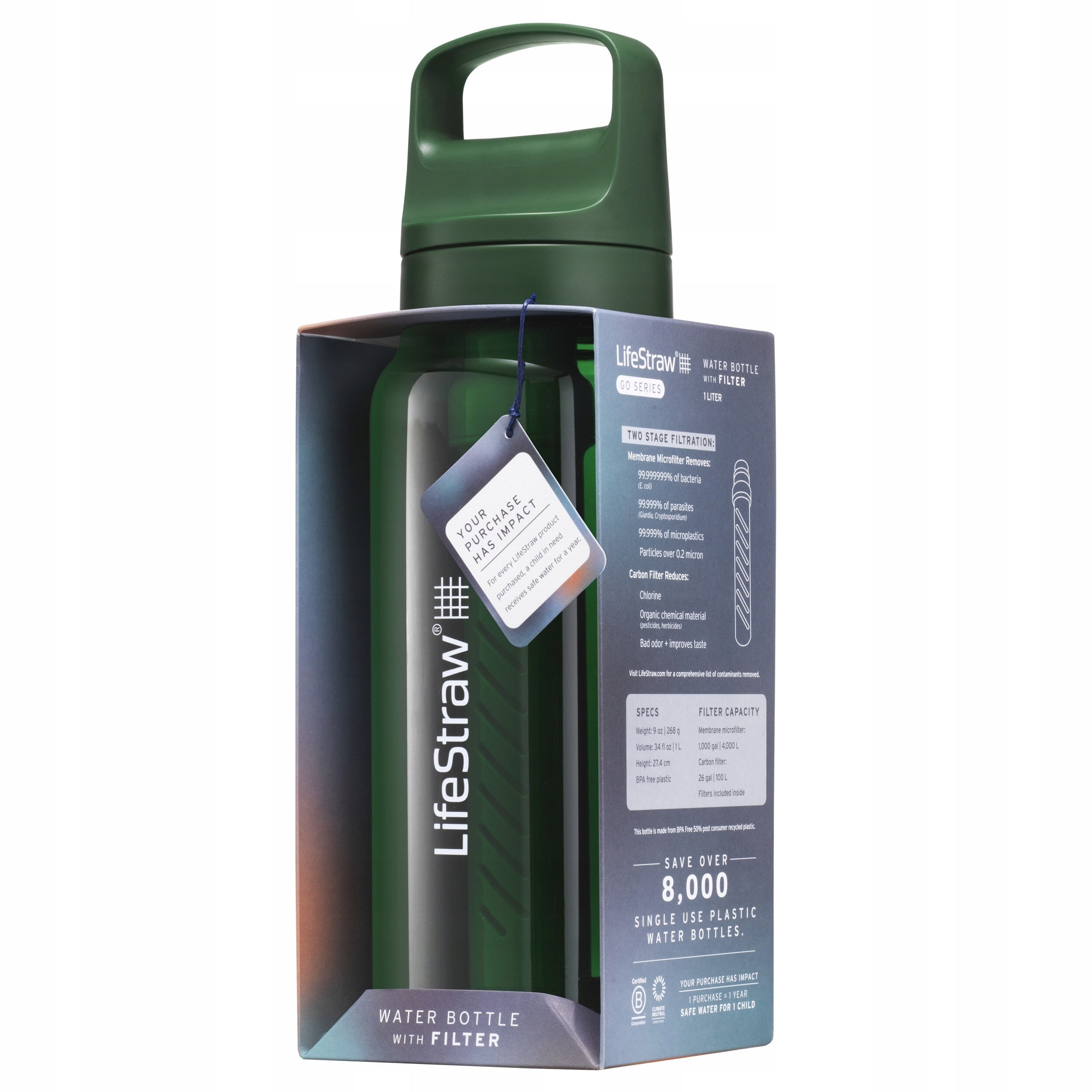 Water filter bottle LifeStraw Go 2.0 Tritan 1 l green Number of cartridges included in the kit 1