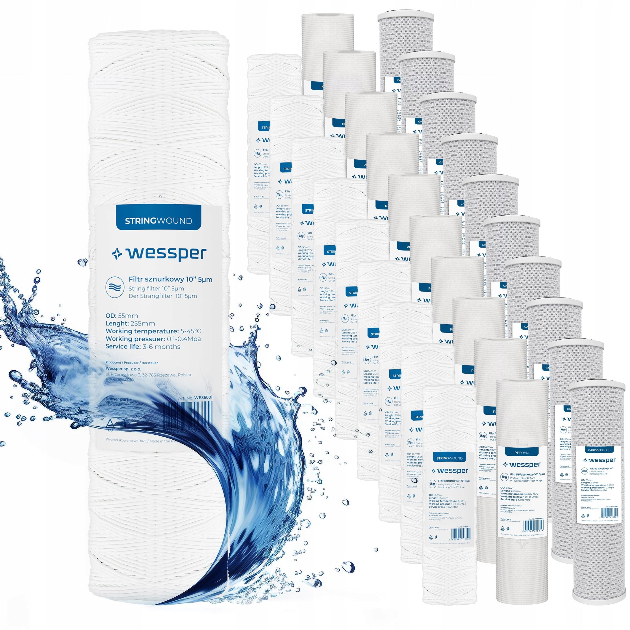 Water filter carbon foam cartridge 10" 5 micron PP5 30 pcs