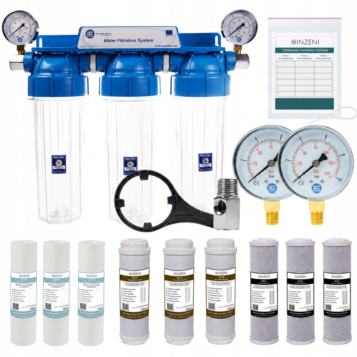 Water filter de-ironing INZENI 9 filters + 3/4 inch pressure gauges