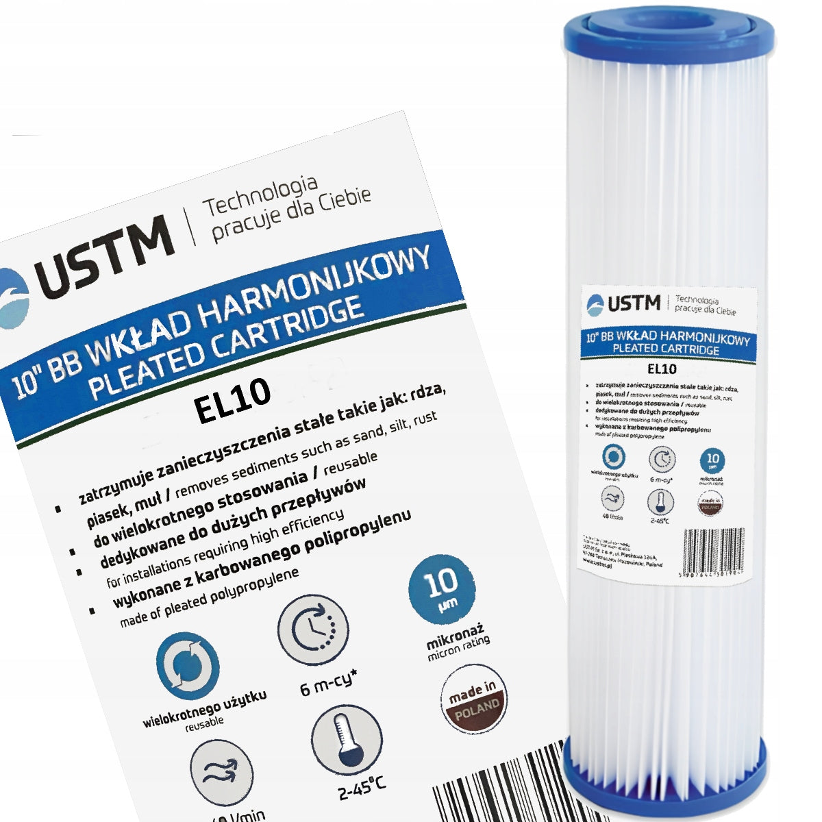 Water filter folding cartridge 10" USTM 10 micron reusable