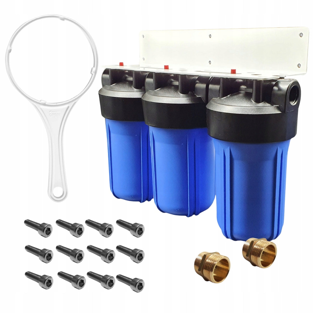 Water filter housings for the whole house, set of 3 x body, key, mounting frame
