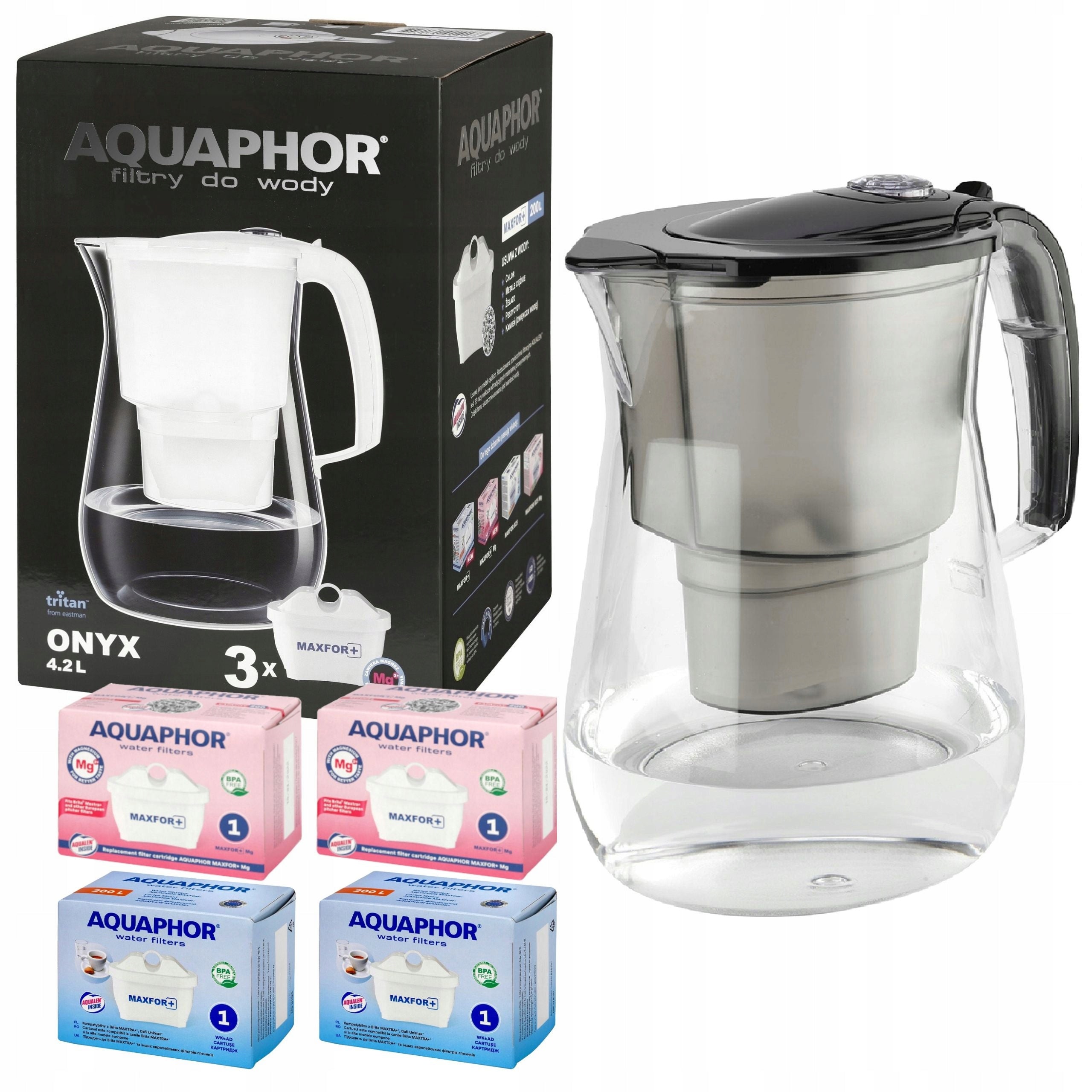 Water filter jug AQUAPHOR ONYX black + 4 filters Maxfor