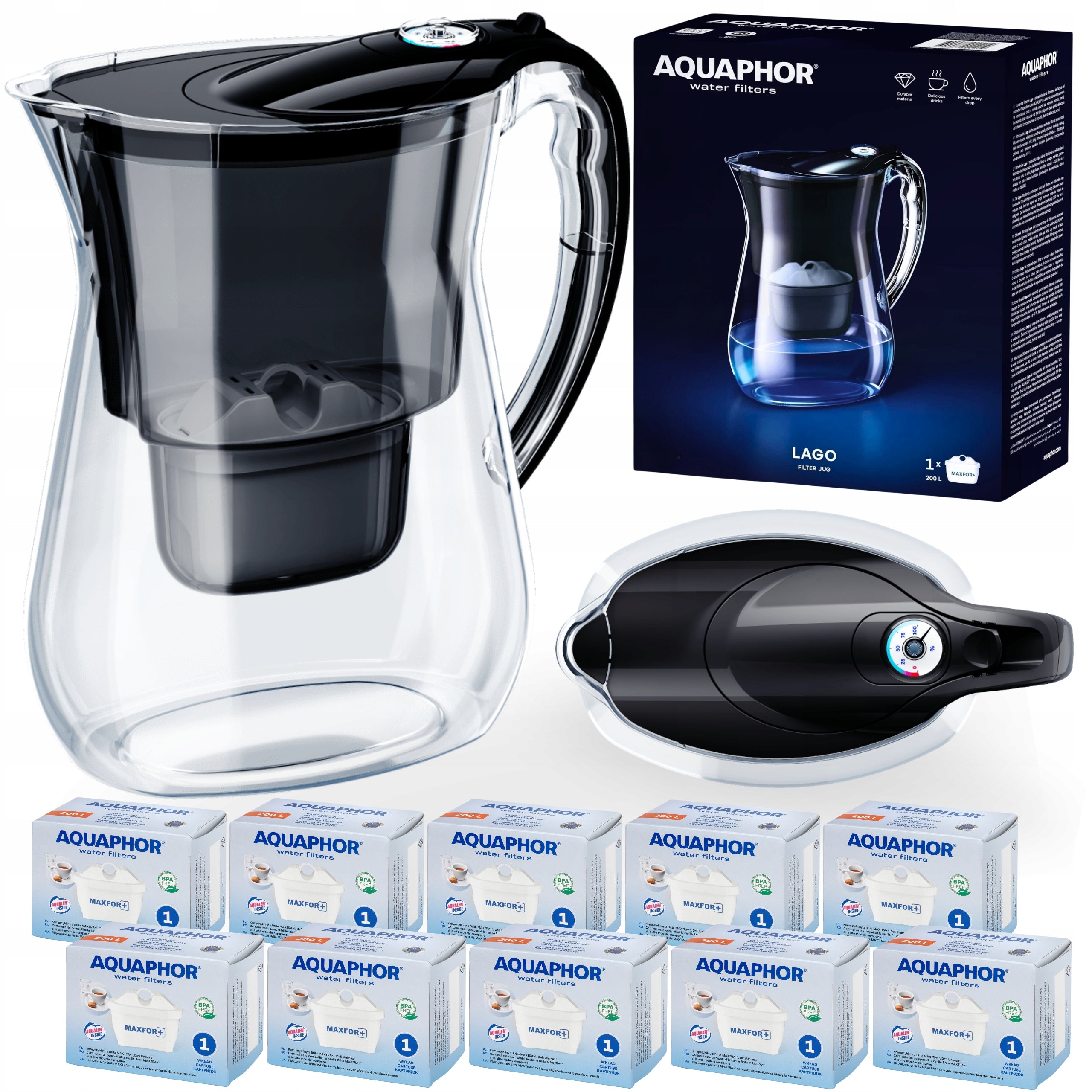 Water filter jug Aquaphor LAGO Black 3.8L, 10 Maxfor+ cartridges
