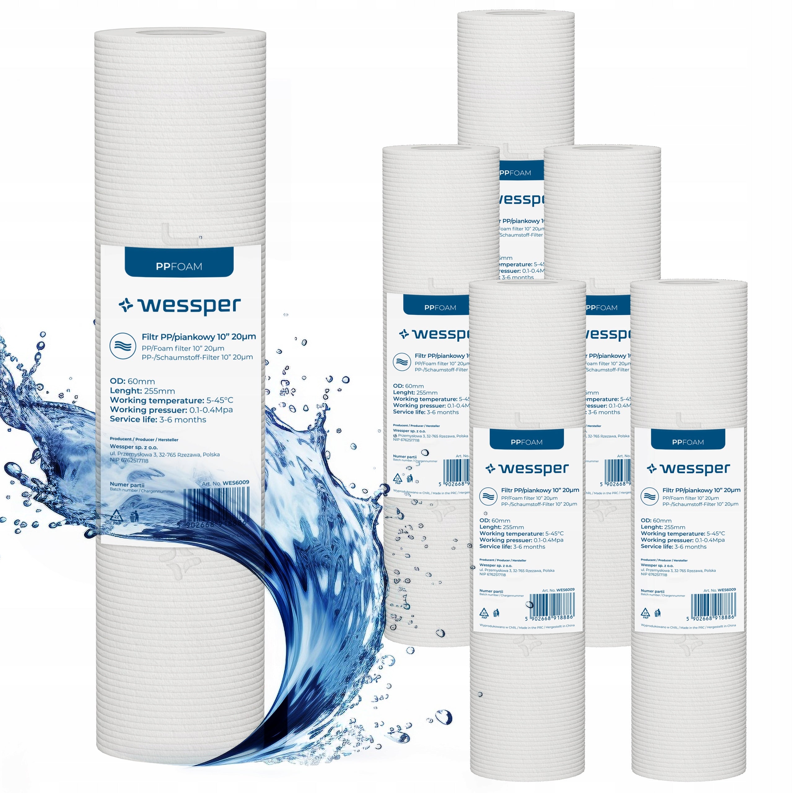 Water filter pre-filter foam cartridge for pre-filtration 10" 20µm PP20 6 pcs