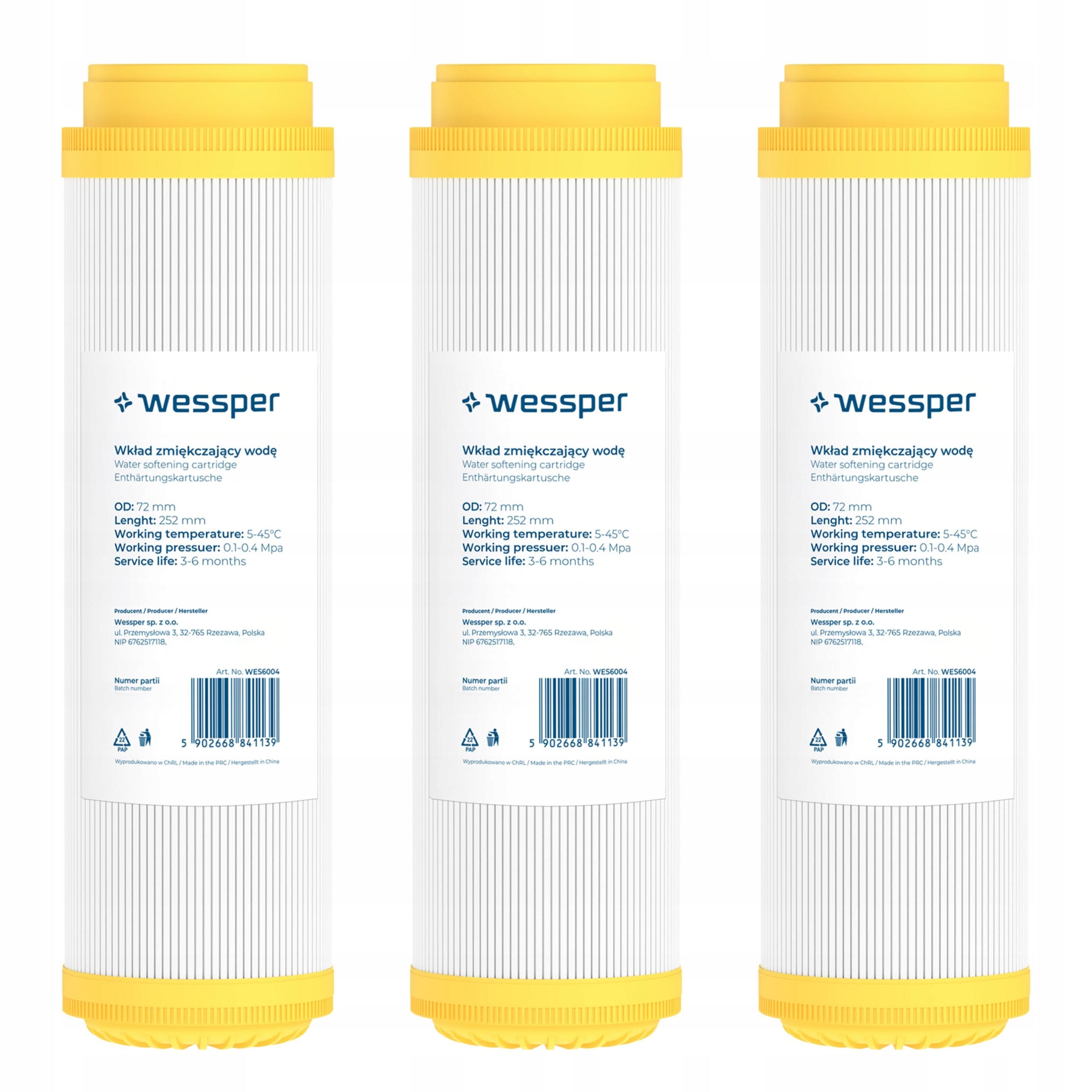 Water filter softener flow cartridge Wessper 10" preliminary with resin 3x Brand Wessper