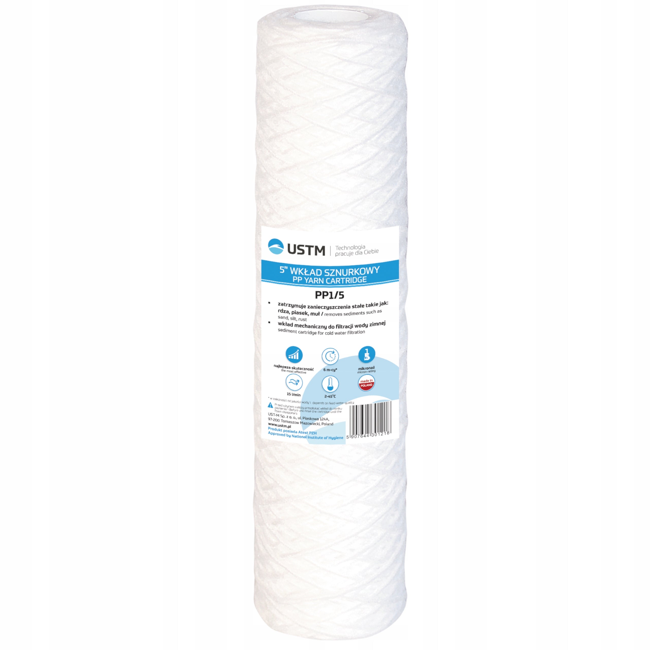 Water filter string cartridge 10" filtration 1 micron PP1M Ustm Packaging status original