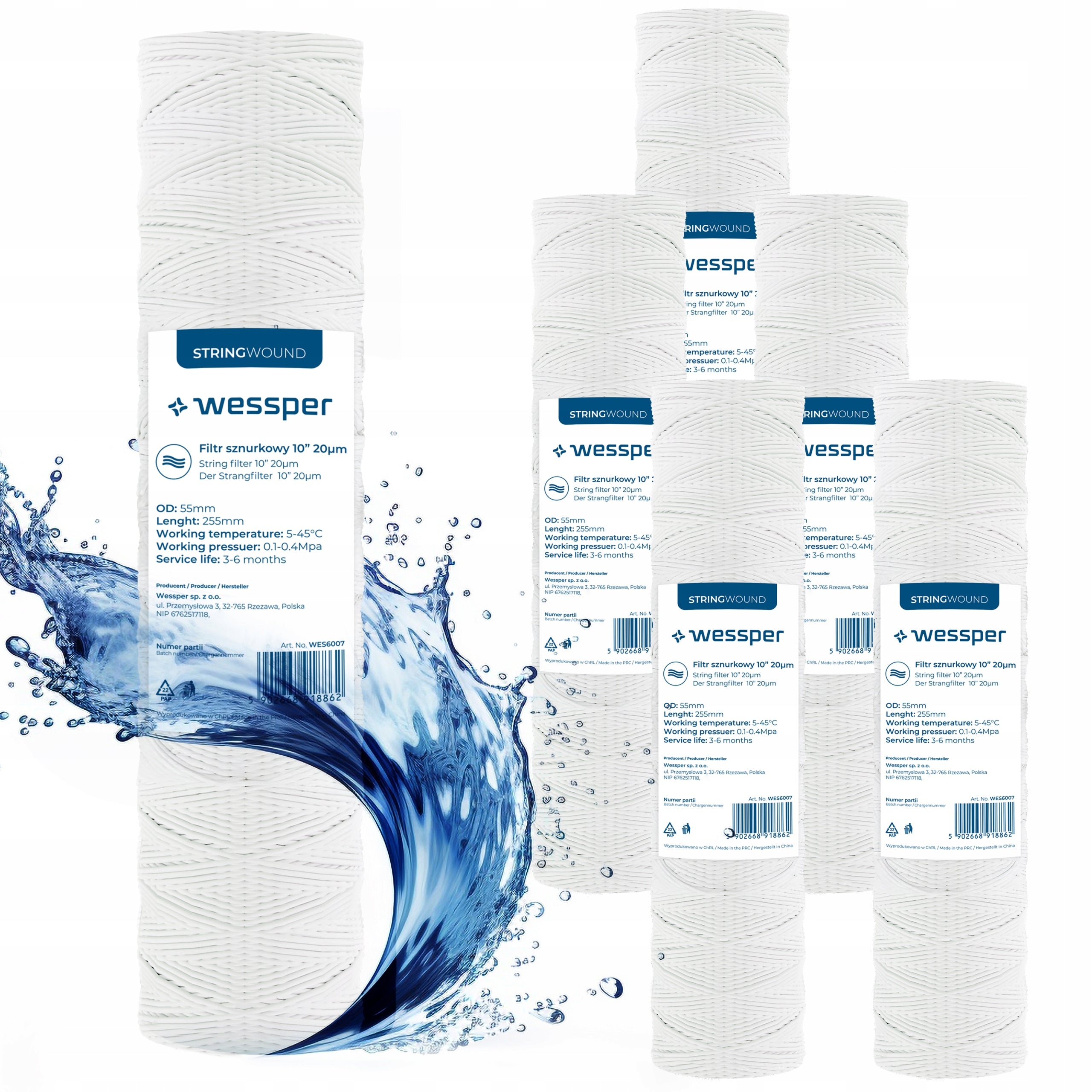 Water filter string cartridge Wessper 10" 20 micron PP20 preliminary 6 pieces
