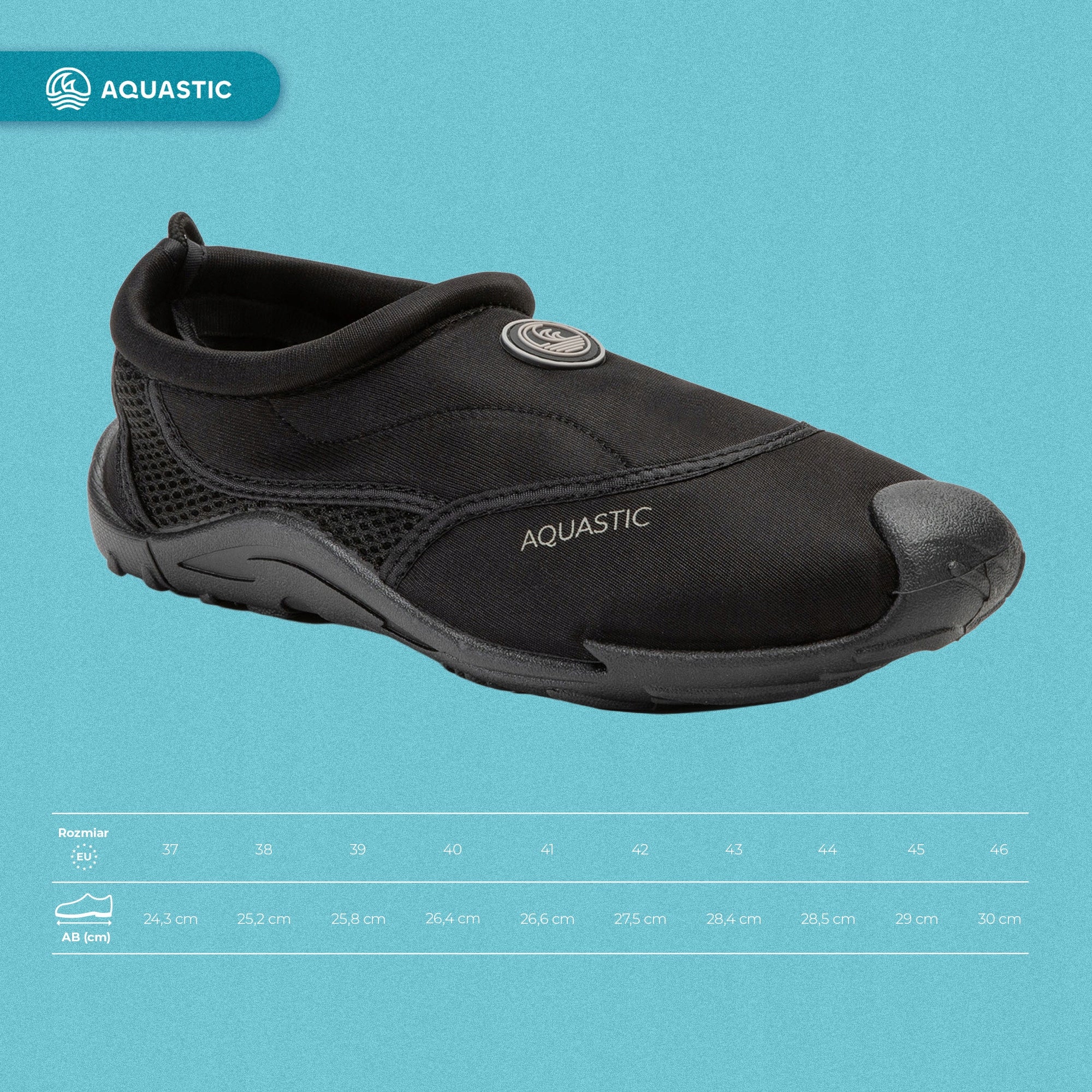 Water shoes AQUASTIC Kea black SLIP ON FOR BEACH FOR SWIMMING ON ECHINACEA 44 Model Kea