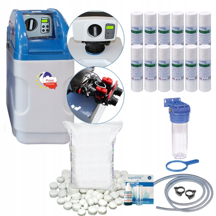 Water softener 10L, salt, test, body, cartridges, PL menu, by-pass, mixing.