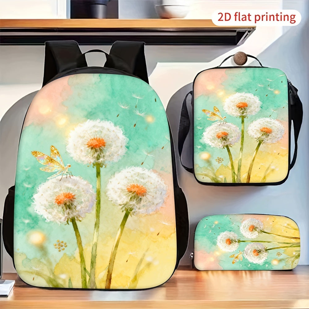 Watercolor Dandelion Dragonfly Print Backpack Set with Crossbody Bag and Pencil Pouch