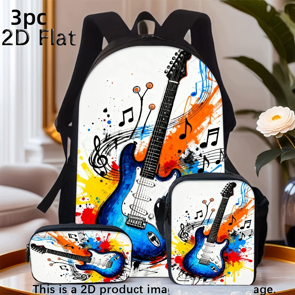 Watercolor Electric Guitar Music 3-Piece Backpack Set with Two Bags