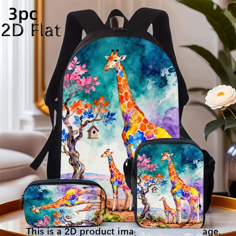 Watercolor Giraffe Art Pattern Backpack Set - Two Matching Bags, Animal Print