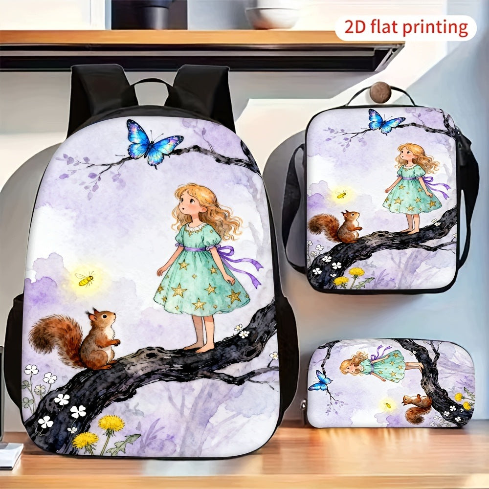 Watercolor Girl Squirrel Butterfly Backpack Set - Includes Crossbody Bag and Pencil Case