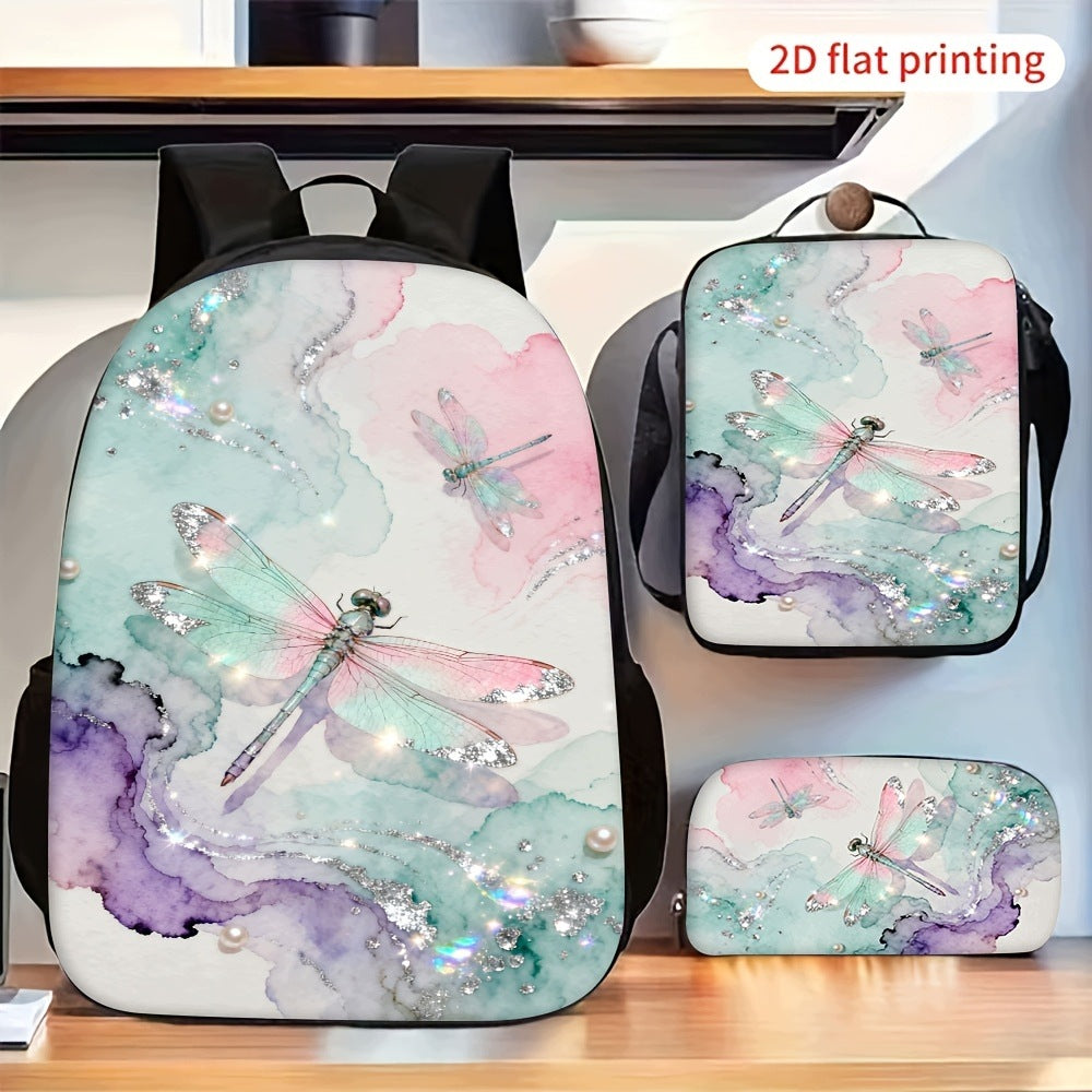Watercolor Glitter Dragonfly Print 3-Piece Backpack Set with Crossbody Bag and Pouch