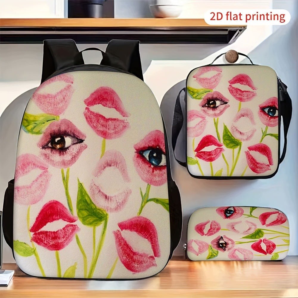 Watercolor Lips and Eyes Art Pattern Backpack Set