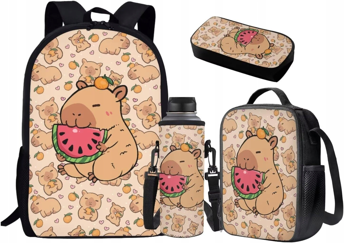 Watermelon Capybara Backpack School Bag Lunch Box Pencil Case Bottle Holder Type single compartment