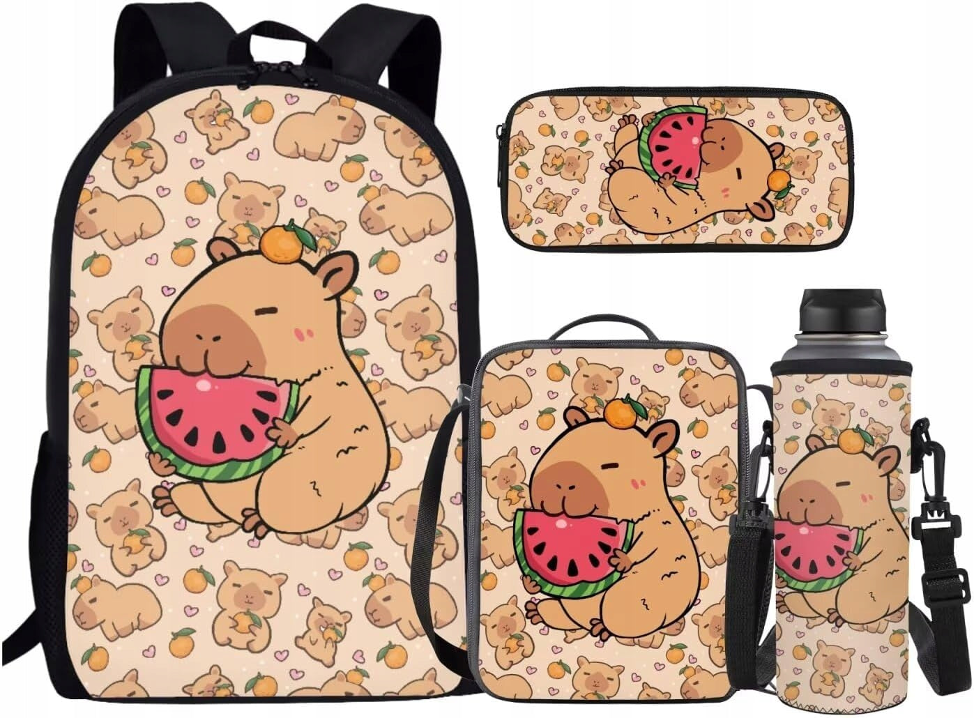 Watermelon Capybara Backpack School Bag Lunch Box Pencil Case Bottle Holder